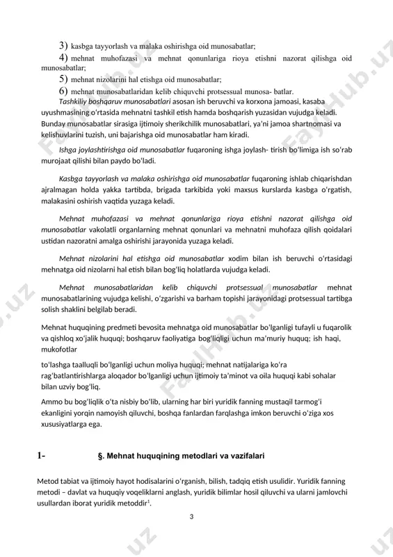 tgina shartnoma asosida o‘rnatiladi, tomonlar teng huquqlidir, shartnoma shartlari buzilganda, shartnoma umuman to‘xtatiladi yoki yetkazilgan zarar undirib olinadi. mehnat munosabatlarini tartibga soluvchi ma’muriy va qishloq xo‘jalik huquqlari ham mehnat huquqidan o‘z predmeti va metodiga ko‘ra farq qiladi. ularning o‘rtasidagi farqlar mehnat huquqining maxsus qismida o‘rganiladi. mehnat huquqining predmetini tashkil etuvchi ijtimoiy munosabatlar tizimi mehnatga oid munosabatlardan tashqari, ular bilan muayyan tarzda bog‘langan boshqa munosabatlarni ham o‘z ichiga oladi. bu munosabatlar mehnat munosabatlaridan oldinroq yoki ular bilan bir vaqtda yoxud mehnat munosabatlaridan keyin vujudga kelishi mumkin. shunday munosabatlar jumlasiga quyidagilar kiradi: 1) tashkiliy boshqaruv munosabatlari; 2) ishga joylashtirishga oid munosabatlar; 3) kasbga tayyorlash va malaka oshirishga oid munosabatlar; 4) mehnat muhofazasi va mehnat qonunlariga rioya etishni nazorat qilishga oid munosabatlar; 5) mehnat nizolarini hal etishga oid munosabatlar; 6) mehnat munosabatlaridan kelib chiquvchi protsessual munosa- batlar. tashkiliy boshqaruv munosabatlari asosan ish beruvchi va korxona jamoasi, kasaba uyushmasining o‘rtasida mehnatni tashkil etish hamda …