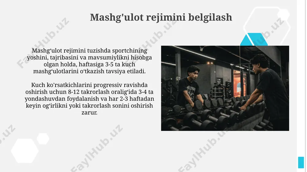 rlicha dam olish kerak, mushaklarning tiklanishi uchun kamida 48 soat vaqt ajratish zarur, aks holda mushaklarning haddan tashqari zo'riqishi va jarohatlanish xavfi ortadi. mashg'ulotlarni boshlashdan oldin 5-10 daqiqa davomida yengil qizdiruv mashqlari bajarish, mushaklarning haroratini oshirish va jarohatlar xavfini 20-30% ga kamaytirishga yordam beradi. yordamchi mashqlarni qo'llash yordamchi mashqlarni bajarishda to'g'ri texnikaga rioya qilish juda muhim, aks holda jarohatlar xavfi ortadi, masalan, 10 kg og'irlik bilan 12 marta takrorlash. yordamchi mashqlar asosiy mashqlar bilan birgalikda, 2:1 yoki 3:1 nisbatda qo’llanishi tavsiya etiladi, bu mushaklarning to’liq rivojlanishiga yordam beradi. e'tiboringiz uchun rahmat @taqdimot_robot image1.jpg image2.jpg image3.jpg image4.jpg image5.jpg image6.jpg image7.jpg image8.jpg image9.jpg image10.jpg image11.jpg