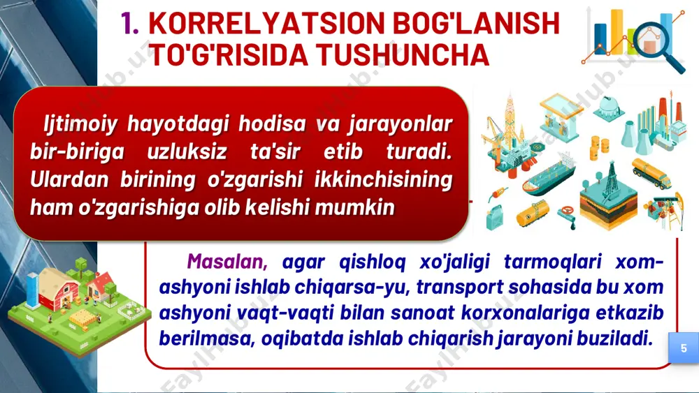 ma'lum qismi; yi- omil belgi bilan korrelyatsion bog'likda (𝝋) bo'lgan natijaviy belgi; ei- natijaviy belgi ma'lum qismining ikkinchi darajali va tasodifiy omillar ta'siri orqali paydo bo'lishi iii exy  )( 1. korrelyatsion bog'lanish to'g'risida tushuncha 1. oddiy (juft) korrelyatsiya. bunda ikki belgi orasidagi bog'liklik o'rganiladi. ulardan biri - natijaviy, ikkinchisi esa – omil belgi hisoblanadi. 2. ko'p omilli korrelyatsiya. bunda uch, to'rt va undan ortiq belgilar o'rtasidagi bog'liqlik o'rganilib, bu belgilardan biri doimo natijaviy, qolganlari esa – omil belgilardir. belgilarning soniga qarab korrelyatsion bog'liklik ikki ko'rinishda bo'ladi: 13 1. korrelyatsion bog'lanish to'g'risida tushuncha 1. to'g'ri chiziqli bog'lanish – bu matematik to'g'ri chiziqli tenglama orqali ifodalanib, grafikda esa - to'g'ri chiziq orqali namoyon bo'ladi. 2. egri chiziqli bog'lanish – bu matematik egri chiziqli tenglama orqali ifodalanib, grafikda esa – egri chiziq orqali namoyon bo'ladi. yo'nalishlarning o'zgarishiga qarab, bu bog'lanishlar: 14 1. korrelyatsion bog'lanish to'g'risida tushuncha 1. to'g'ri bog'lanish – omil belgini …