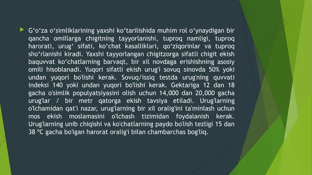 vojlangan gʻoʻzadan bir xil hosil olish uchun ehtiyotkorlik bilan boshqarilishi kerak. kimyoviy defoliatsiya - bu barglarning so'rilishini (to'kilishini) keltirib chiqaradigan kultivatsiya amaliyotidir. yashil barg axlatining ifloslanishini minimallashtirish va erta tongda shudringni tez quritilishiga yordam berish uchun defoliantlar qo'llanilishi mumkin. kozalarning kamida 60% ochilmaguncha defoliantlar qo‘llanilmasligi kerak. defoliant qo'llanilgandan so'ng, hosilni kamida 7 dan 14 kungacha yig'ib olinmasligi kerak (bu muddat ishlatiladigan kimyoviy moddalarga va ob-havo sharoitlariga qarab o'zgaradi). kimyoviy quritgichlar o'simliklarni o'rim-yig'imga tayyorlash uchun ham ishlatilishi mumkin. quritish - o'simlik to'qimalaridan suvning tez yo'qolishi va to'qimalarning keyingi nobud bo'lishi. o'lik barglar o'simlikka biriktirilgan holda qoladi. saqlash saqlashdan oldin va saqlash vaqtida paxtaning namligi juda muhim; ortiqcha namlik saqlangan paxtaning haddan tashqari qizib ketishiga olib keladi, natijada tuklar rangi o'zgaradi, urug'larning unib chiqishi pasayadi va ehtimol o'z-o'zidan yonishi mumkin. namligi 12% dan yuqori bo'lgan chigitli paxta saqlanmasligi kerak. shuningdek, yangi qurilgan modullarning ichki harorati paxta saqlashning dastlabki 5-7 kunida kuzatilishi kerak; …