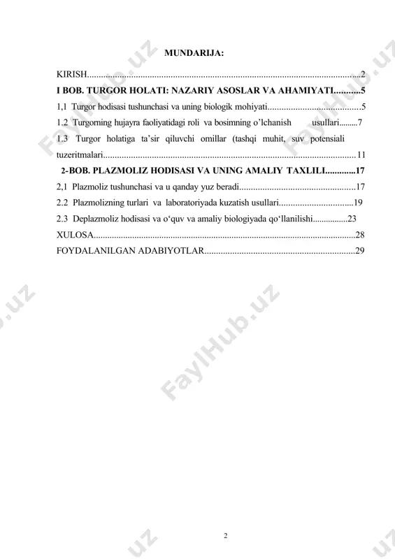 ilmiy tahlil qilinadi. o‘simlik fiziologiyasi sohasida suv almashinuvi va hujayra bosimiga asoslangan jarayonlar o‘simliklarning hayotiy faoliyatini tushunishda muhim o‘rin tutadi. turgor holati va plazmoliz hodisasi ana shunday jarayonlarning asosiy namoyondalaridan bo‘lib, hujayraning ichki muhit barqarorligi, suv potensiali va osmotik muvozanat bilan bevosita bog‘liqdir. turgor holati — bu hujayra ichida suvning bosim hosil qilishi natijasida yuzaga keladigan holat bo‘lib, hujayra devorining tarang turishini ta’minlaydi. u o‘simliklarning shaklini saqlashi, barg va novdalarining elastikligi, hujayralar o‘sishi, hatto o‘simliklarning harakatlari (masalan, stomalarning ochilishi va yopilishi) uchun zarurdir. turgorning pasayishi o‘simlik to‘qimalarining so‘lishi, fiziologik funksiyalarining buzilishi bilan yakunlanadi. plazmoliz hodisasi esa hujayra suvini yo‘qotib, ichki plazmatik membrananing hujayra devoridan ajralib qolishi holatidir. bu jarayon gipertonik muhitga tushirilgan o‘simlik hujayralarida sodir bo‘ladi va u osmotik jarayonlarni, shuningdek, hujayra stressga qanday munosabatda bo‘lishini o‘rganishda juda muhim model hisoblanadi. mazkur kurs ishida turgor va plazmoliz hodisalarining nazariy va amaliy jihatlari, ularning hujayra faoliyatidagi o‘rni, fiziologik va ekologik ahamiyati, …