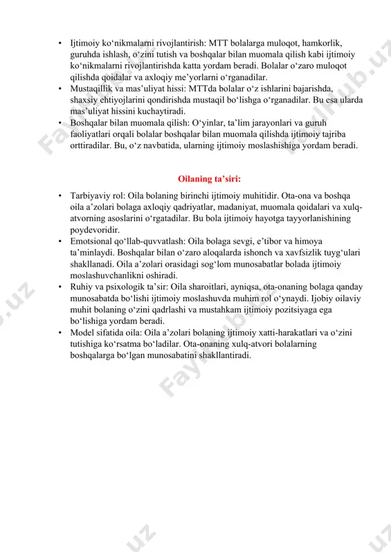 xatti-harakatlari va o‘zini tutishiga ko‘rsatma bo‘ladilar. ota-onaning xulq-atvori bolalarning boshqalarga bo‘lgan munosabatini shakllantiradi.