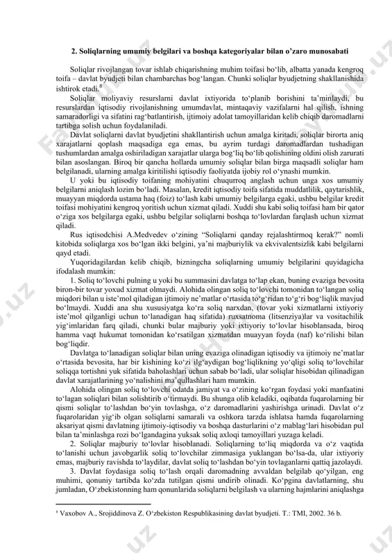 ommaviy hokimiyat subyektlarining to‘lov qobiliyatini ta’minlash maqsadida jismoniy va yuridik shaxslar mulklarini begonalashtirishning majburiylik, yakka tarzda xolisona, qaytarmaslik, davlatning majburlashi bilan ta’minlanganlik asoslarida va jazo yoki kontributsiya xarakteriga ega bo‘lmagan qonunda belgilangan yagona shaklidir”.[footnoteref:3] [3: s.g. pepelyayev i dr. osnovi nalogovogo prava. m.: finansi i statistika, 2000.] hozirgi paytda iqtisodiy adabiyotlarda soliqlarning iqtisodiy mohiyatini o‘rganishga bag‘ishlangan qator ilmiy ishlar chop etilgan. masalan, “siyosiy iqtisod” izohli lug‘atida soliqlar “… korxona, tashkilot va aholini, mamlakat moliyaviy resurslarini tashkil etishdagi ishtirokini xarakterlovchi majburiy to‘lovlar tizimi”, deb izohlanadi. professor d.g. chernikning fikricha “soliqlar – davlat tomonidan xo‘jalik subyektlari va fuqarolardan qonuniy tartibda o‘rnatilgan stavkalarda undirib olinadigan majburiy yig‘imlarni o‘zida aks ettiradi”.[footnoteref:4] [4: chernik d.g. nalogi v rinochnoy ekonomike. m.: finansi, 1992. №3. s.19. ] professor b.g. boldirev boshchiligida yozilgan “kapitalizm moliyasi” o‘quv qo‘llanmasida soliqlarga quyidagicha ta’rif berilgan: “soliqlar – davlat tomonidan undirib olinadigan, jismoniy va huquqiy shaxslarning majburiy to‘lovlari”[footnoteref:5] haqiqatan ham yuqorida keltirilgan ta’riflar …