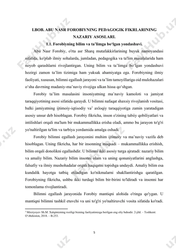 ko'radi. uning fikricha, mantiq insonning fikrlash qobiliyatini o'stiradi va uni xatolardan himoya qiladi. shu sababli, forobiy ta’lim jarayonida mantiqiy tafakkurni rivojlantirishga katta e'tibor qaratgan. mantiq orqali inson o'z bilimlarini tizimli va aniq shakllantirishi, turli masalalarga to'g'ri yondashishi mumkin bo'ladi. abu nasr forobiy, o'rta asr sharq mutafakkirlarining buyuk namoyandasi sifatida, ko'plab ilmiy sohalarda, jumladan, pedagogika va ta'lim masalalarida ham noyob qarashlarni rivojlantirgan. uning bilim va ta’limga bo‘lgan yondashuvi hozirgi zamon ta’lim tizimiga ham yuksak ahamiyatga ega. forobiyning ilmiy faoliyati, xususan, bilimni egallash jarayoni va ta’lim tamoyillariga oid mulohazalari o‘sha davrning madaniy-ma’naviy rivojiga ulkan hissa qo‘shgan. forobiy ta’lim masalasini insoniyatning ma’naviy kamoloti va jamiyat taraqqiyotining asosi sifatida qaraydi. u bilimni nafaqat shaxsiy rivojlanish vositasi, balki jamiyatning ijtimoiy-iqtisodiy va axloqiy taraqqiyotiga zamin yaratadigan asosiy unsur deb hisoblagan. forobiy fikricha, inson o'zining tabiiy qobiliyatlari va intilishlari orqali ma'lum bir mukammallikka erisha oladi, ammo bu jarayon to'g'ri yo'naltirilgan ta'lim va tarbiya yordamida amalga oshadi. forobiy …