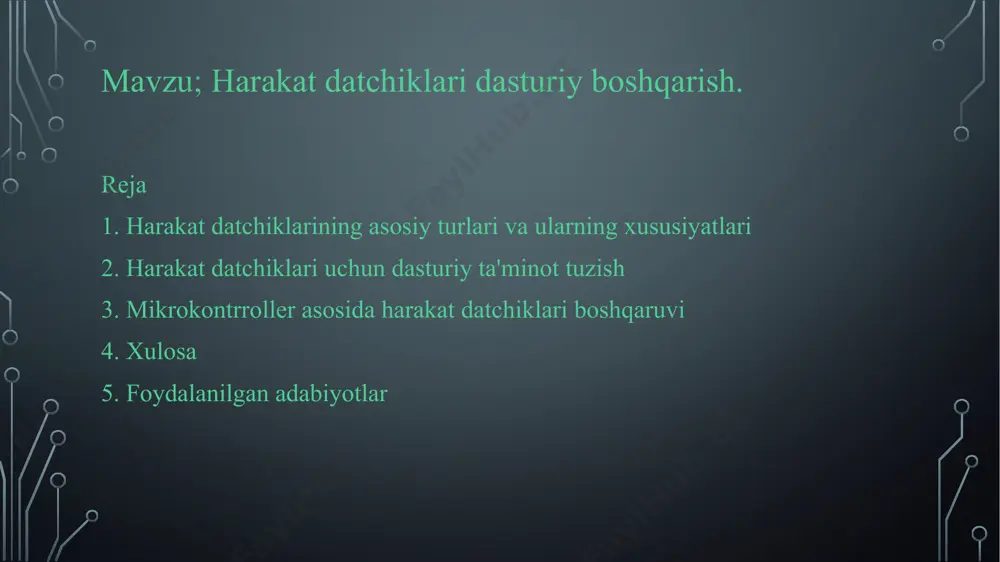 arakat datchiklari boshqaruvi mikrokontrrollerlar bu mikrokontrrollerlar datchiklardan kelgan signallarni qayta ishlash, boshqaruv buyruqlarini berish va tizimni boshqarish uchun ishlatiladi.signalni tahlil qilishma'lumotlarni saqlashboshqaruv buyruqlarini hosil qilishchiqish qurilmalarini boshqarish datchiklar bu harakat datchiklari atrof-muhitdagi o'zgarishlarni aniqlaydi va signalni mikrokontrrollerga yuboradi. chiqish qurilmalari bu chiqish qurilmalari mikrokontrrollerdan olgan buyruqlarga muvofiq ishlaydi. masalan, yorug'lik manbai, signal, qulf, yoki boshqa qurilmalar harakat datchikli tizimlarning afzalliklari va cheklashlar afzalligi energiya tejash, xavfsizlikni oshirish, avtomatlashtirish imkoniyatlari. cheklashlari noto'g'ri harakatlarga sezuvchanlik, o'rnatish murakkabligi, signal shovqini. harakat datchikli tizimlarning amaliy qo'llanilishi xavfsizlik tizimlari bu. uy-joylarni, binolarni va boshqa ob'ektlarni himoya qilish uchun ishlatiladi. avtomatlashtirilgan yoritish. energiya tejash va qulaylikni oshirish uchun ishlatiladi. aqlli uy tizimlari uy-joylarni avtomatlashtirish va qulaylikni oshirish uchun ishlatiladi. sanoat avtomatlashtirish ishlab chiqarish jarayonlarini avtomatlashtirish uchun ishlatiladi. harakat datchikli tizimlarni takomillashtirish yo'nalishlari aniqlikni oshirish noto'g'ri harakatlarga sezuvchanlikni kamaytirish va aniqlikni oshirish. tarmoqlashtirish imkoniyatlarini kengaytirish boshqa tizimlar bilan birlashtirish va ma'lumot almashish imkoniyatlarini yaratish. energiya sarfini kamaytirish …