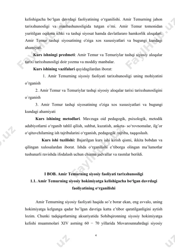 a bildirilgan umumiy fikrlar amir temurning yoshlik yillariga va uning 1344 − 1347 yillarda movarounnahrda chig’atoy ulusining oxirgi mo’g’ul xoni qozon sultonxon (1332 − 1347) bilan amir qazog’on o’rtasida yakka hukmronlik uchun bo’lgan janglardagi ishtiroki, hokimiyat amir qazog’on qo’liga o’tib, bu bilan boshqaruvda amirlar hukmdorligi davri boshlangani masalalariga qaratilgan. qozonxon davrida movarounnahrda itoatsizlik boshlangan bo’lib, xon har kuni yuzlab odamlarni oliy jazoga hukm qilardi. a. ziyo bu ahvolni sharhlar ekan, chig’atoy ulusi xonlarining movarounnahrdagi mavqei zaiflashib, mahalliy amirlar ularga o’z hukmlarini o’tkazish va xonlik bilan raqobatlashish qudratiga ega bo’lgani bois, amir qazog’on ulus hukmdori qozon sultonxonni jangda yengib qatl etdi, degan fikrni bildirdi[footnoteref:1]. [1: зиѐ а. амир темур ва туғлуқ темур // шарқшунослик. – т.: 1996. − № 6. – б. 83. ] ba’zi tadqiqotlarda amirlardan bayon sulduz bilan hoji barlos amir qazog’onning o’g’li amir abdullohga qarshi chiqib, samarqandga yurish qilgani va movarounnahrni o’z tasarrufiga olib, chingiziy yasun temurxonning o’g’li …