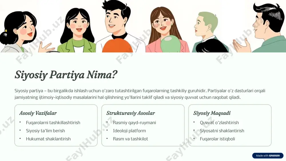 rtiyali tizimlar xilma-xillik va demokratiya ko'p partiyali tizimda bir nechta partiya parlament va boshqa tashkilotlarda o'rinlarni egallab turadi. bu jamiyatning turli qatlamlarining ovozini kuchliroq ifodalaydi. koalitsiya hukumatlari tez-tez shakllanadi, bu esa barqarorlikni ta'minlaydi. koalitsiya bir nechta partiya birgalikda hukumat tuzadi muvozanat kuchning teng taqsimlanishi va nisbiy vakili hamkorlik partiyalar o'zaro kelishib, umumiy maqsad tuzadi 6 partiyaviy tizimlarning hozirgi holati bugungi kunda dunyo bo'ylab partiyaviy tizimlar o'zgarilmoqda. shumaralar ko'paymoqda, raqobat intensivlanmoqda va digital texnologiyalar siyosiy jarayonlarni o'zgartiryapti. yangi ijtimoiy harakatlar va masalalar partiyalarning tuzilmasini qayta shaklantirmoqda. 1 raqobatning o'sishi yangi partiyalar va ijtimoiy harakatlar mintaqada paydo bo'lmoqda 2 digital transformatsiya internet va social media siyosiy mobilizatsiyaning asl manbai bo'lib qoldi 3 polarizatsiya ko'plab jamiyatlarda siyosiy polarizatsiya kuchlashmoqda 7 partiyalarning jamiyatdagi rolli fuqarolik ishtiroki partiyalar fuqarolarni siyosiy jarayonlarida ishtiroki uchun tashkillashtiradi. sechim vaqtida aktivizm, aks-sada va ijtimoiy tuzatish kampaniyalari olib boriladi. qonuniylik va demokratiya partiyalar davlatning qonun ustunligini ta'minlaydi. siyosiy raqobat va …