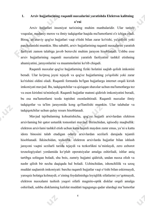 ib-qoidalarida keltirilgan bo‘isa, xodimlar mahalliy yoki internet tarmog‘i orqali hujjatni qo‘lga kiritish imkoniyatiga ega boladilar. bundan tashqari, arxivni tizimli yuritish versiyalami yo‘q qilish imkoniyatisiz, hujjatga kiritilgan har bir o‘zratirishlardan so‘ng barcha oraliq versiyalami saqlashni o‘z ichiga oladi. elektron arxiv to‘satdan elektr tarmog‘i uzilishlari bo‘lgan vaqida ham ma’lumotlami tikiash imkoniyatiga ega. hozirgi davrda elektron hujjatlaming saqlanishini ta’minlovchi zamonaviy dasturlar ishlab chiqish yo‘lga qo‘yilgan. shunga ko‘ra, tashkilotlarda elektron formatdagi hujjatlami yaratish va yuritishda turli tuman dasturiy ta’minotlardan foydalaniladi. elektron formatdagi hujjatlar qoidaga ko‘ra, tashkilot tugatilgunga yoki vazifalari o‘xshash boshqa tashkilotga o‘tkazilgunga qadar ish yuritishda tugallanmaydi. elektron arxivni tashkil qilishda huquq va majburiyatlardan kelib chiqib, uning xususiyatlarini e’tiborga olish muhim sanaladi. elektron arxiv quyidagi asosiy huquqlarga ega hisoblanadi: tashkilotda elektron hujjatlar bilan ishlash bo‘yicha ishlab chiqilgan qoidalaming bajarilishi nazoratini amalga oshirish; yuqori tashkilot tarkibiy tuzilmalaridan elektron arxiv faoliyati uchun kerakli bo‘lgan metama’lumotlami so‘rab olish; elektron hujjatli boshqamv ta’minotining avtomatlashtirilgan tizimini rivojlantirish bo‘yicha muassasa …