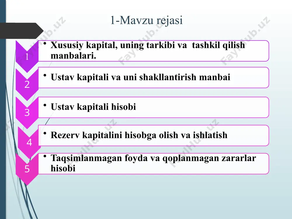 bo‘lgan moddiy boyliklar, pul mablag‘lari va xarajatlar majmuidir. ustav kapital mulkchilikning turli shakllardagi korxonalarda ustav kapitalining miqdori quyidagicha belgilanadi: aksiyadorlik jamyati ustav kapitali nominali bo‘yicha aksiyalar jami qiymatiga muvofiq; mulkka jamoa egaligi bo‘lgan korxonalarda barcha xodimlar ulushlari summasiga muvofiq; •davlat korxonalarida ustav kapitali davlat xo‘jaligini amalga oshirish uchun korxonaga biriktirib qo‘yilgan mol-mulk summasiga muvofiq; •davlatga qarashli korxonalarda ustav fondi miqdori uning xo‘jalik faoliyatini amalga oshirish uchun davlat tomonidan biriktirilgan mol-mulk summasiga muvofiq keladi. taʼsis xujjatlariga binoan mulkka egalik hissalari summasiga muvofiq; •masʼuliyati cheklangan jamiyat(shirkat)larda xo'jalik yurituvchi sub'ektlar shakli ta'riflar, toifalar, xususiyatlar va boshqalar kapitalning mulkiy shakli boshqaruv shakli ishlab chiqarish rejalari aktsiyadorlik jamiyatlari aktsiyadorlar aktsiyadorlar yig'ilishi aktsiyadorlar tomonidan strategik reja asosida mas'ulyati cheklangan jamiyatlar ta'sischilar boshqaruv organi bozor talabidan kelib chiqqan holda kontseptual jadval 3 ustav kapitali hisobi «xususiy kapital to‘g‘risidagi hisobot» 14-son bhms «buxgalteriya balansi» 15-son bhms «xo‘jalik yurituvchi subyektlarning moliya xo‘jalik faoliyati buxgalteriya hisobi schyotlar rejasi va uni …