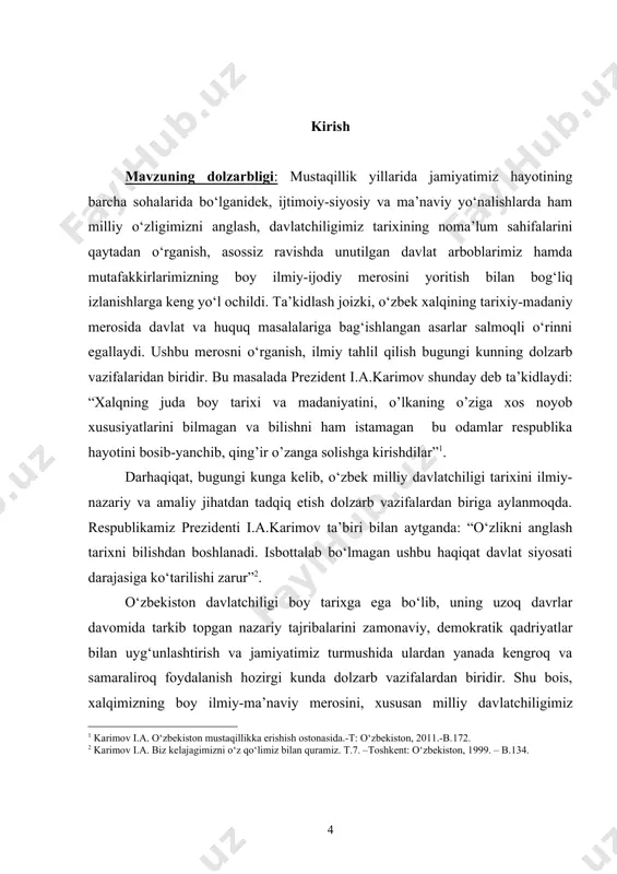 vrida buxoro amirligining ijtimoiy-iqtisodiy hayotini tahlil qilish; -amir nasrullohxonning harbiy islohotlari va harbiy yurishlarini bayon etish. bmining nazariy-uslubiy asoslari: o’zbekiston respublikasi prezidenti i.a.karimov asarlarida bayon qilingan vatanimiz tarixini ilmiy manbalarga tayangan holda haqqoniy o’rganish, xolislik va tarixiylik an‘analariga asoslangan yangi uslubiy yondashuvlar, muhim ahamiyatga ega bo’ldi. ishni bayon qilishda milliy istiqlol g’oyasi talablariga rioya qilindi. shuningdek, o’zbekiston respublikasi vazirlar mahkamasining tarix fanini rivojlantirishga doir qarorlarida ta‘kidlangan ko’rsatmalar, yo’l-yo’riqlar ham asosiy nazariy-metodologik asos bo’lib hisoblanadi. bmining ilmiy yangiligi va ahamiyati: ishda ilmiy adabiyotlarga tayangan holda buxoroda mang’itlar sulolasining hukmronlik yillariga bag’ishlangan asarlar, xususan, ishda amir nasrullohxon davrida buxoro amirligining ichki va tashqi siyosatiga doir manbalar tahlil qilindi. tadqiqot natijasida qo’lga kiritilgan yakuniy xulosalardan o’zbekiston tarixining o’qitishda, uslubiy qo’llanmalar tayyorlashda foydalanish mumkin. shuningdek, buxoroda mang’itlar sulolasining hukmronlik yillari ya’ni, 1753-1920 yilgacha bo’lgan davr tarixi bilan qiziquvchilar ham foydalanishlari mumkin. ishning aprobatsiyasi: bitiruv malakaviy ishning asosiy mazmuni va xulosalari qarshi davlat universiteti tarix …