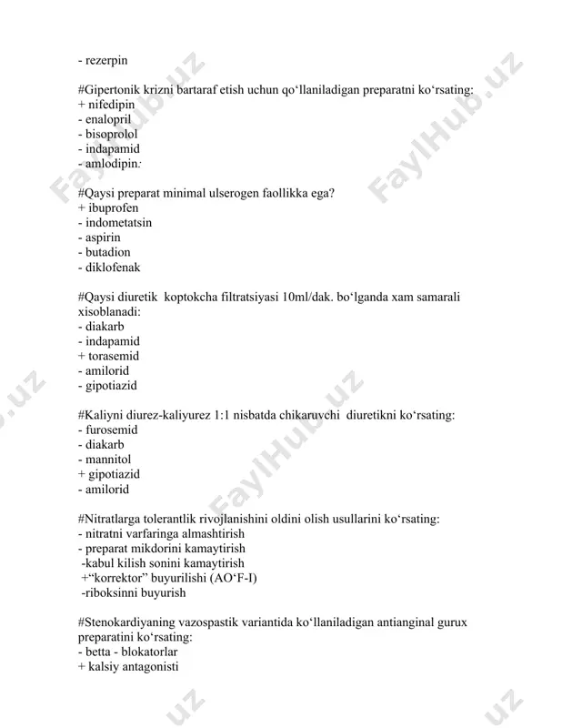 idemik preparatni ko‘rsating: - siprofibrat - enduratsin + atorvastatin - xolestiramin #fibratlar ko‘llaniladigan xolatlarni ayting: - gipoxolesterinemiyada tanlov preparati - kandsiz diabet - triglitserid mikdori kamligi + gipertriglitseridemiya - gomozigot gipertriglitseridemiya #statinlarning ta’sir mexanizmini ko‘rsating: - xolesterol sintezining bostirilishi + gmg-koa-reduktaza ingibitori - xlor ioni bilan almashinishi - lipoproteinlipaza faolligini oshiradi - prostaglandinlar sintezini pasaytiradi #spironolaktonning asosiy farmakodinamik samarasini ayting: + aldosteronni rakobatli ingibirlaydi - buyrak gemodinamikasini kuchaytiradi - filtratsiya tezligini kuchaytiradi - osmotik bosim ko‘taradi - siydik kislotani ko‘paytiradi #bilvosita antikoagulyantlarni keng spektrli antibiotiklar bilan bir vaktda ko‘llaganda antikoagulyantlar samaradorligi: - kamayadi - o‘zgarmaydi + ortadi - o‘rganilmagan - neytrallashadi #geparin ko‘llanilganda laborator nazorat usuli: - etanol test + kon ivish vakti - trombotest - protrombin vakti #antiagregantlar dozasi oshirib yuborilganda sizning taktikangiz: + ditsinon 250-1000 mg v/i - konakion 10-20 mg - protamina sulfat 50-100 mg v/i - aminokapron kislota - vikasol m/o #geparin ko‘llanilganda kon ivish vakti …