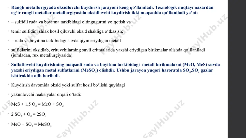 i hajmida uning tagidan ma’lum bosimda berilayotgan havo hisobiga bamisoli qaynayotgan qatlamga o‘xshash xarakterlanadi. pechning asosi qalinligi 10–16 mm bo‘lgan temirdan tayyorlangan bo‘lib, uning ichki qismi o‘tga chidamli loy va shamotli g‘isht bilan qoplangan.pechning ishchi hajmini kislorodga to‘yingan havo bilan ta’minlash maqsadida uning tag qismining butun yuzasi bo‘ylab 800 dan 1000 tagacha naychalar joylashtirilgan. sulfidli boyitmalarni kuydirish uchun qaynar qatlamli «ks» pech: 1 – boyitma yuklash tuynigi; 2 – kessonlar; 3 – forsunka. aglomeratsion mashinalar – qora va rangli metallurgiyada boyitmalarni (konsentrat) kuydirib aglomeratlar tayyorlashda foydalaniladi. glomeratsion mashinalar tasmali va aylana shaklda buladi. metallurgiyada tasmali aglomeratsion mashinalar keng qo‘llaniladi.aglomeratsion mashina uzunligi 35–40 m bo‘lgan po‘lat tasmaga maxsus qutilar joylashtirilgan bo‘lib, tasma zanjirli konveyer kabi harakatlanadi (3.3-chizma). qutilarning ichki qismi panjara bilan tugab, pastki qismi konus shaklida bo‘shliqdan iborat bo‘lib, havo so‘rishga yoki berishga moslashtirilgan. mashinaning boshlanish qismida (ya’ni qutilar ustida) shixta yuklash moslamasi va shixtani yondirish uskunasi joylashtirilgan. qutilarga to‘ldirilgan …