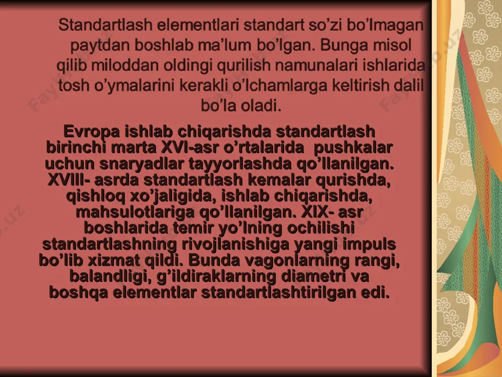 ob’ektiga kiradigan standart elementlarining xilma-xilligini minimum rastionalligini ta’minlaydi. sistemaliligi – standartni element sistemasi deb qarab standart sistemasini tuzishni asosladi. o’zaro almashishliligi – buni texnikada joriy qilinadi. biror qurilma yoki mashinada detalining biror o’zgarishsiz boshqa xuddi shunday detal bilan almashinishi. hozirgi vaqtda standartlanishning nazariyasi prinstipi va metodlari tashkil qilinmoqda. ishlab chiqarishda joriy qilishda quyidagi prinstiplarini aytish mumkin: 1946-yil 14-oktyabrda birlashgan millatlar tashkiloti standartlarni koordinastiyalash ko’mitasining kengashida standartizastiya bo’yicha xalqaro tashkilotni (iso) tashkil etish qarori qabul qilinadi. iso ning asosiy vazifasi xalqaro savdo sotiqqa va ilmiy-texnik progressiga ko’maklashish maqsadida xalqaro standartlarni ishlab chiqarish. xalqaro standartizastiya o’lchash birliklari va terminologiyasidan tortib, hisoblash mashinasi va uchuvchi apparatlar xarakteristikasigacha o’z ichiga oladi. isoning erishishlaridan biri mks, sgs, mkgss o’rniga xalqaro birliklar sistemasi si sistemasining kiritilishidir. davlat standartlarini xalq xo’jaligini barcha korxonalarni, tashkilot va muassasalari qo’llashi shart. bunaqa standartlarni asosan ommaviy va ko’p seriyali ishlab chiqariladigan mahsulotlarni, shuningdek tarmoqlararo ob’ektlarni me’yor, qoida, talab, tushunchalarini davlat standart …