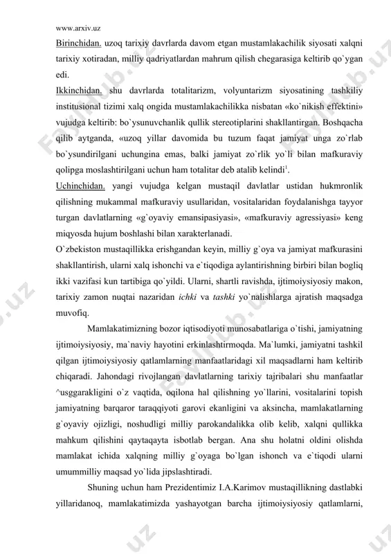 irib chiqaradi. jahondagi rivojlangan davlatlarning tarixiy tajribalari shu manfaatlar ^usggarakligini o`z vaqtida, oqilona hal qilishning yo`llarini, vositalarini topish jamiyatning barqaror taraqqiyoti garovi ekanligini va aksincha, mamlakatlarning g`oyaviy ojizligi, noshudligi milliy parokandalikka olib kelib, xalqni qullikka mahkum qilishini qaytaqayta isbotlab bergan. ana shu holatni oldini olishda mamlakat ichida xalqning milliy g`oyaga bo`lgan ishonch va e`tiqodi ularni umummilliy maqsad yo`lida jipslashtiradi. shuning uchun ham prezidentimiz i.a.karimov mustaqillikning dastlabki yillaridanoq, mamlakatimizda yashayotgan barcha ijtimoiysiyosiy qatlamlarni, tabaqalarni, millat va elatlarni vatan ravnaqi, yurt tinchligiosoyishtaligi, xalq farovonligi g`oyasi atrofida jipslashtirishga alohida e`tibor berib kelmoqda. bu milliy rivojlanishning istiqbollarini kafolatlaydi. buning asosiy omili, umumiy nuqtasi mamlakatimizda yashayotgan barcha fuqarolarni: millatidan, irqidan, diniy e`tiqodidan, iqtisodiy ahvolidan, siyosiy mavqyeidan, qaysi partiyalarga mansubligidan qat`iy nazar, umummillat manfaatlarini ifodalaydigan istiqlol joyalari ularning ishonch va e`tiqodidan joy olishi hamda shu joya asosida birlashtirishdan iborat. bu vazifani bajarish, mamlakatimizda demokratik adolatlihuquqiy davlat, fuqarolik jamiyati qurishning zaruriy sharti bo`lib qolmoqda. bu vazifalarni bajarilishida …
