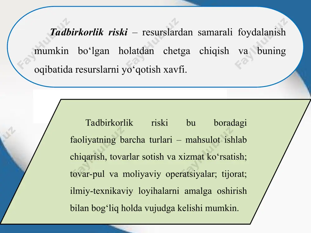 ovidir. bu yerda xi – mumkin bo‘lgan natija; pi (probability) – ushbu natijaning paydo bo‘lish ehtimoli: masalan, tadbirkor yangi mahsulot ishlab chiqarmoqchi. agar tadbirkorning yangi mahsuloti bozorda muvaffaqiyatga erishsa, har bir mahsulot birligiga 10000 so‘m foyda olish mumkin, agar muvaffaqiyatga erishmasa, bir birlik mahsulot uchun 1 000 so‘m olinadi. korxona mahsulotining bozorda muvaffaqiyatga erishish ehtimoli 0,6 ga teng bo‘lsa, bir birlik mahsulotdan kutiladigan foyda miqdori quyidagicha aniqlanadi: insonlar riskka, ya’ni tavakkalchilikka borishga tayyorligi bilan birbiridan farq qiladi. insonlar riskka borishga tayyorligi bo‘yicha uch turga bo‘linadi: – riskka, ya’ni tavakkalchilikka borishga moyil insonlar; – riskka borishga qarshi, ya’ni moyil emas insonlar; – riskka befarq qaraydigan insonlar. tavakkalchilikka qarshi bo‘lgan inson deganda shunday inson tushuniladiki, kutiladigan daromad berilganda, u tavakkalchilik bilan bog‘liq natijalarga nisbatan, kafolatlangan natijani ustun ko‘radi. shuning uchun ham tavakkalchilikka borishga moyillikning yo‘qligi ko‘pchilik insonlar ga xosdir. tavakkalchilik ular uchun og‘ir sinovdek hisoblanadi va ular ma’lum kompensatsiya bo‘lgandagina tavakkalchilikka borishi …