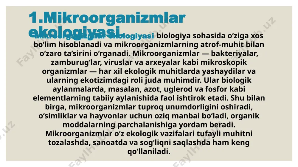 lorasini tekshirish uchun mikrobiologik tadqiqotlar ko’plab usullar va texnikalarni talab qiladi. ular orasida keng tarqalganlari: 1. suv mikroflorasini tekshirish usullari: membranali filtratsiya usuli: suv namunasi filtr orqali o’tkaziladi, keyin filtr bakteriyalarni ko’paytirish uchun maxsus oziqlantiruvchi muhitga joylashtiriladi. ushbu usul koliform bakteriyalar va boshqa zararli mikroorganizmlarni aniqlash uchun ishlatiladi. mpn (most probable number) usuli: suv namunasi turli miqdorlarda olingan va bir nechta quvvatlarga bo’linib joylashtirilgan. bakterial o’sishni kuzatib, eng ehtimolli miqdorini hisoblash mumkin. standart plastinka usuli (spu): suv namunasi qattiq muhitga sepiladi va inkubatsiya qilinadi, so’ngra koloniyalar soni hisoblanadi. biologik indikatorlar: bakteriyalar, ayniqsa, escherichia coli kabi indikatsiya qiluvchi mikroorganizmlar mavjudligini aniqlashda ishlatiladi. havo mikroflorasini tekshirish usullari. sedimentatsiya usuli (kocha usuli): ochilgan petri idishlari ma’lum vaqt davomida havoda qoldiriladi. keyinchalik inkubatsiya qilingan muhitdagi bakterial koloniyalar hisoblanadi. aspiratsiya usuli: havo nasos orqali o’ziga tortiladi va maxsus filtr orqali o’tkaziladi, so’ng filtr oziqlantiruvchi muhitga solinib, mikroorganizm o’sishi tekshiriladi. impaktor usuli: havo havodan maxsus asbob …