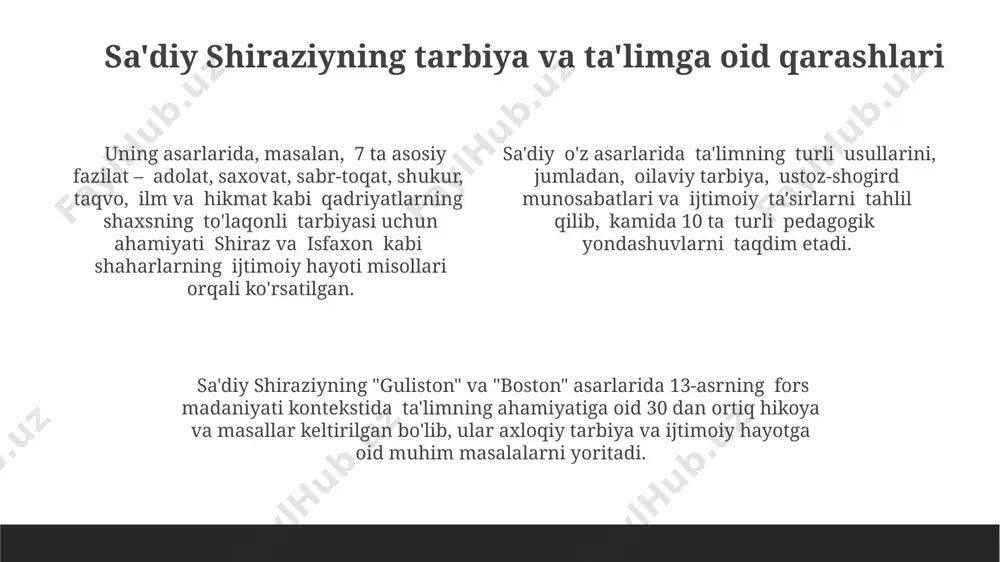 alishi – axloq, adabiyot, siyosat va din – sharq falsafasi va 13-asrning ijtimoiy-madaniy muhitini aks ettirgan holda bayon qilingan. asarlardagi 25 dan ortiq hikoya o'zbek xalqining an'anaviy tarbiyasi bilan chambarchas bog'liq bo'lib, samarqand va buxoro kabi shaharlardagi o'quv an'analarini aks ettiradi. oilaviy tarbiyaning aks etishi guliston va bostonda, kamida 5 ta hikoya orqali, oilada ahloqiy tarbiyaning ahamiyati, farzandlarga adolat va mehr-oqibatli munosabatda bo'lishning zarurligi ta'kidlangan. bu hikoyalar oilaviy munosabatlarga oid 13-asr sharqiy madaniyatining qarashlarini aks ettiradi. saadiy shiraziyning "guliston" va "boston" asarlarida 3 ta farzand tarbiyasi usullariga oid misol keltirilgan bo'lib, ularning 2 tasi ota-ona mehr-muhabbati, 1 tasi esa qattiqqo'llik asosida qurilgan. bu usullar 13-asrning fors va movarounnahr madaniy muhitida tarbiyaning turli shakllarini aks ettiradi. asarlarda 7 yoshdan 15 yoshgacha bo'lgan yigitlarning bilim olishga bo'lgan munosabati, o'qituvchilar bilan munosabatlari hamda o'z-o'zini tarbiyalashga oid hikoyalar batafsil bayon etilgan. bu voqealar shiroz va boshqa shaharlardagi ta'lim tizimiga oid tasavvur beradi. ijtimoiy adolat …