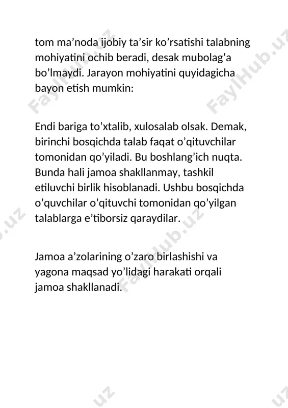 i, yuqori malakali kadrlardan maslahatlar, jamoa prinsiplari yoritilgan ilmiy maqolalar, chet el mamlakatlarinnig samarali usullari jamoani shakllantirishda pedagogga ulkan yordamchi vazifasini bajaradi. image1.jpeg image2.jpeg