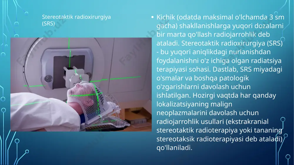o'tkazilgan barcha tekshiruvur, ularning natijalari va spetsifikatsiyaga muvofiqligi qayd etiladi. protokol apparatni olgan fizik tomonidan imzolanadi. protokol uskunaning va uning barcha xususiyatlarini spetsifikatsiyaga muvofiqligini tasdiqlovchi hujjatdir. - uskunaning xususiyatlarini qabul qilish tekshiruvlari natijalari sifat nazorati dasturini keyingi tekshirishlar uchun asos sifatida xizmat qiladi. masofaviy nurli terapiya bo'linmalari qabul qilingandan keyin klinik foydalanish uchun tayyorlash. jismoniy-texnik ta'minot bo'limining fizigi radiatsiya nurlarining xususiyatlarini radiatsiyaviy davolashni rejalashtirish va amalga oshirishni ta'minlash uchun zarur bo'lgan darajada o'lchaydi, shu jumladan: mos yozuvlar nuqtasida so'rilgan doza (nurni kalibrlash); chuqur dozalarni taqsimlash, nurli profillar; radiatsiya chiqish koeffitsientlari; shakllantirish aksessuarlarining uzatish koeffitsientlari. radioterapiyaning texnik ishi uskunalar o'z ichiga oladi: 1) texnik holatni nazorat qilish rejali va joriy ta'mirlash; rejali va rejadan tashqari ta'mirlash. gamma-terapevtik birliklarni qayta zaryadlash. to'liq xizmat ko'rsatishga yaroqli to'liq radioterapiya uskunalari, shu jumladan operatsion hujjatlar. texnik holat monitoringining davriyligi, hajmi va texnologiyasi radioterapiya uskunasi, nazorat qilish usullari va vosit l rini tanlash tegishli me'yoriy va …