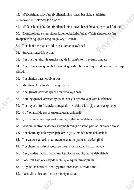 oqimi qaysi okeanda vujudga keladi 71. sariq, yapon, sharqiy xitoy dengizlari qaysi okeanga tegishli 72. seysmik mintaqa deb nimaga aytiladi 73. relef so‘zining lug‘aviy ma’nosi toping 74. tekislikning yuzasi dengiz sathidan balandligi 200 m gacha bo‘lsa qanday nom bilan atalad 75. dengiz sathidan 200 m dan 500 m gacha bo‘lgan relef shakilga qaysi relef shakli kiradi 76. dengiz sathidan 500 m dan yuqori bo‘lgan relef shakilga qaysi relef shakli kiradi 77. qatorosiga tizilib ketgan tutash tog‘lar nima deb ataladi 78. zilzilaning 1 ball xolati qanday bo‘ladi 79. zilzilaning 2 ball xolati qanday bo‘ladi 80. zilzilaning 3 ball xolati qanday bo‘lad 81. zilzilaning 4 ball xolati qanday bo‘ladi 82. zilzilaning necha ballisida xom g‘ishtli binolar qulaydi.pishik g‘isht binolarda yoriqlar paydo bo‘ladi 83. zilzilaning necha ballisida butun binolar qulaydi 84. tempuraturaning o‘zgarib turishi oqibatida qanday nurash ro‘y beradi 85. tog‘ jinslarni mikroorganizimlar ishi tufayli ko‘proq yemrilish qanday nurash hisoblanadi 86. qaysi tabiiy …