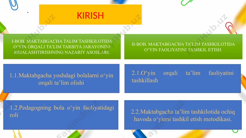 juda qiziqarli va maroqli jarayondir, ammo boshqa insonni tushunish va dunyosini qabul qilish, ichki olamni ochish bola uchun juda murakkab. o‘yinda bola shaxsining barcha qirralari ochiladi, ruhiyatida yangi, yanada yuqori rivojlanish bosqichiga o‘tishga tayyorlaydigan sezilarli o‘zgarishlar sodir bo‘ladi. bu bilan psixologlar maktabgacha yoshdagi bolalarning yetakchi faoliyati sifatida o‘yinning ulkan tarbiyaviy imkoniyatlari yuqoriligini aytishadi. maktabgacha ta’lim yoshdagi bolalarni o‘qitish va tarbiyalash bolaning ijtimoiy, hissiy, kognitiv va jismoniy ehtiyojlarini kompleks rivojlantirishga qaratilgan. bu bolalarga umri davomida mustahkam asos bo‘lib xizmat qiladi. o‘zbekiston hukumati 2017 yildan kichik yoshdagi bolalarni sifatli o‘qitish va tarbiya qilishga katta e’tibor qaratmoqda. maktabgacha ta’lim vazirligi tashkil etilgan vaqtdan beri 2030 yilgacha bo‘lgan davrda barqaror rivojlanish sohasidagi milliy maqsad va vazifalarni amalga oshirish chora-tadbirlari doirasida qulay siyosiy shart-sharoitlar hamda tizimli komponentlarni yaratish bo‘yicha qator salmoqli ishlar olib borilmoqda. add title text click here to add content, content to match the title. add title text click here to add content, …