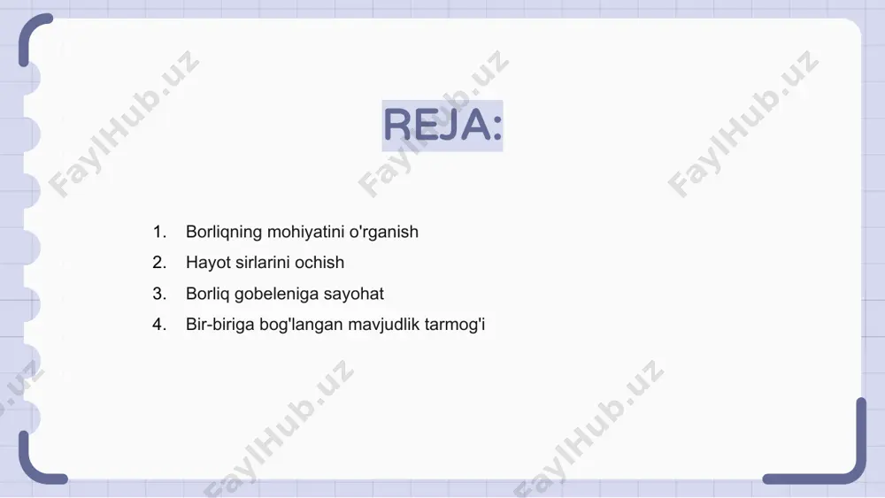 o bog'liqlik va simbiozni o'rganamiz. har bir harakat va reaktsiya borliq tarmog'ida aks-sado berib, barcha tirik mavjudotlarni qo'llab-quvvatlaydigan uyg'un muvozanatni yaratadi. barcha hayot shakllarining o'zaro bog'liqligini tushunib, biz koinotdagi o'rnimizni chuqurroq tushunamiz. antologiya mavjud bo'lgan nozik muvozanatni va biz ushbu o'zaro bog'langan tarmoqni himoya qilish va tarbiyalash mas'uliyatini eslatib turadi. inson tajribasi yilnomalari insoniyat tajribasi yilnomalari bilan mavjudlik antologiyasini o'rganing, bizning umumiy insoniyatimizni belgilaydigan g'alabalar va sinovlar bo'ylab sayohat. bizning borlig'imiz to'qimasini tashkil etuvchi hikoyalarning boy gobelenini o'rganing, har bir sahifa quvonch, qayg'u va ularning orasidagi hamma narsaga to'la. bu yilnomalar oddiy va g'ayrioddiy narsalargacha, inson bo'lish nimani anglatishini ko'p qirrali ko'rinishga ega. hayotning mazmuni haqida mulohazalar borliq antologiyasi bizning borligimizni chuqurroq qamrab oladi va bizni hayotning maqsadi va ahamiyati haqida fikr yuritishga undaydi. hayotning ma'nosi haqida fikr yuritish orqali biz borligimizni shubha ostiga qo'yamiz va sayohatimiz sirlarini o'rganamiz. ushbu slayd insoniyat tajribasining murakkabliklariga oyna bo'lib xizmat qiladi va bizni …