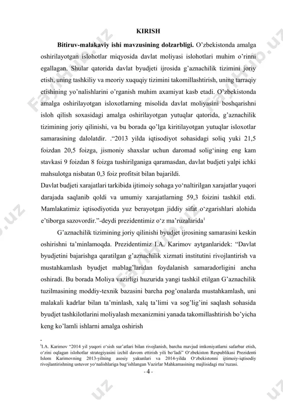 hiruvchi va nazorat qiluvchi organlarning, xususan g’aznachilik organlarining hissasi kattadir. [1: “inson manfaatlari ustuvorligini ta’minlash – barcha islohot va o’zgarishlarimizning bosh maqsadidir” o’zbekiston respublikasi prezidenti islom karimovning 2007 yilda mamlakatni ijtimoiy-iqtisodiy rivojlantirish yakunlari va 2008 yilda iqtisodiy islohotlarni chuqurlashtirishning eng muhim ustuvor yo’nalishlariga bag’ishlangan vazirlar mahkamasi majlisidagi ma’ruzasidan. xalq so’zi gazetasi 2008 yil 9 fevral №28 (4438) ] mamlakatimizda keyingi yillarda davlat moliyasini boshqarishda ma’muriy islohotlar jadal sur’atlarda amalga oshirila boshladi. bunda hukumatimiz tomonidan ishlab chiqilgan iqtisodiy siyosatning to’la va izchil amalga oshirilishi, iqtisodiyotning muhim ustuvor tarmoqlarining belgilab berilishi hamda ularni rivojlantirish bo’yicha imkoniyatlarning safarbar etilishi muhim ahamiyat kasb etmoqda. mamlakatda amalga oshirilayotgan iqtisodiy islohotlarning, xususan, davlat moliyasini tubdan isloh qilish jarayonlarini davlat tomonidan boshqarish, monitoringini olib borish va nazorat qilish muhim ahamiyat kasb etadi. shu jihatdan qaraganda, o’zbekiston respublikasi taraqqiyotining bugungi bosqichida davlat moliyasini boshqarish tizimini amalga oshirilayotgan iqtisodiy va demokratik islohotlar talablariga moslashtirish, ular faoliyatini so’nggi ijobiy natijalarni …