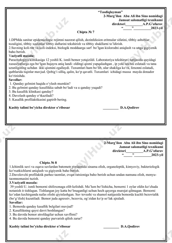 . chov va qo‘ltiqdagi limfatik tugunlar kattalash gan, paypaslaganda og‘riq sezilmaydi. jigar va taloq kattalashgan. savollar: 1. qanday kasallik haqida o‘ylaysiz? 2. kasallikni aniqlash uchun epidemiologik ma’lumotlardan yana nimalar so'raladi? 3. tashxis qo‘yish uchun qanday tekshiruvlar o‘tkaziladi? 4. bunday bemorlar o‘z vaqtida davolanmasa qanday asoratlar kuzatilishi mumkin? kasbiy talimi bo’yicha direktor o’ribosar �����_________ d.a.qodirov 2-marg’ilon abu ali ibn sino nomidagi jamoat salomatligi texnikumi direktori__________a.p.g’ofurov “_____”__________2023-yil chipta № 6 1.deratizatsiyaning mexanik, kimyoviy va biologik usullari qo‘llash, turli xil qopqonlar, kimyoviy vositalar bilan ishlash, zaharli preparatlar bilan ishlashda texnika xavfsizlik qoidalariga amal qilish tartibi. 2.emlash kalendari,emlashni hisobga olish va hisobot formalarini to‘ldirish, bakterial preparat (vaksina, zardob)larni saqlash, ishlatish, sifatiga baho berish, tekshirish, brokiraj jurnalini to’ldirish. 3.vaziyatli masala: tibbiyot hamshirasi muolaja xonasida inyeksiyalar tayyorlashdan avval qo‘llarini yaxshilab yuvdi va bir marta ishlatiladigan shprisni o‘rami yirtilgan bo‘lsada, muddati o‘tmaganligiga ishonch hosil qilgandan keyin uni ochdi va inyeksiya uchun eritma (vaksina) ni oldi. inyeksiyadan keyin …