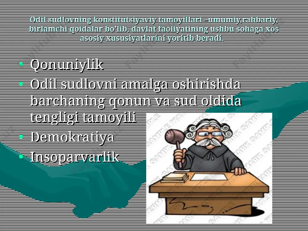iqaruvchi va ijro etuvchi hokimiyatlarning hujjatlari konstitutsiyaga mosligiga doir ishlarni ko’radigan sud hokimiyati organi hisoblanadi. konstitutsiyaviy sudning sud faoliyatining asosiy prinsiplari. o’zbekiston respublikasi konstitutsiyasiga sodiqlik, mustaqillik, kollegiallik, oshkoralik va sudyalar huquqlarining tengligi konstitutsiyaviy sud faoliyatining asosiy prinsiplaridir. sudyalarni tayinlash tartibi sudyalarni saylash va tayinlash tartibi “sudlar to’g’risida”gi qonunning 63-moddasida mustahkamlab qo’yilgan. ushbu moddaning mazmunidan kelib chiqib, ta’kidlash mumkinki, sudyalar tarkibini shakllantirish davlat hokimiyati barcha tarmoqlarining o’zaro hamkorligi bilan amalga oshiriladi. oliy sud, sud amaliyotini umumlashtirish asosida, sud ishlarini ko’rib chiqishda yuzaga keladigan qonunchilikni qo’llash masalasidagi muammolar bo’yicha tushuntirishlar beradi, shuningdek oliy sud plenumi tomonidan qonunchilikni qo’llash bo’yicha berilgan tushuntirishlarni sudlar tomonidan qanday bajarilayotganini nazorat qiladi. o’zbekiston respublikasi oliy sudi sudlov hay’atlarining raislari: sudlov hay’atlari ishini tashkil etadi va ularning majlislarida railik qiladi; sudlov hay’atlari faoliyati to’g’risida o’zbekiston respublikasi oliy sudi rayosatiga maruzalarni taqdim etadilar; sud amaliyotini umumlashtirish uchun sud ishlarini talab qilib oladi; qonun hujjatlariga muvofiq boshqa vakolatlarni amalga oshiradi.