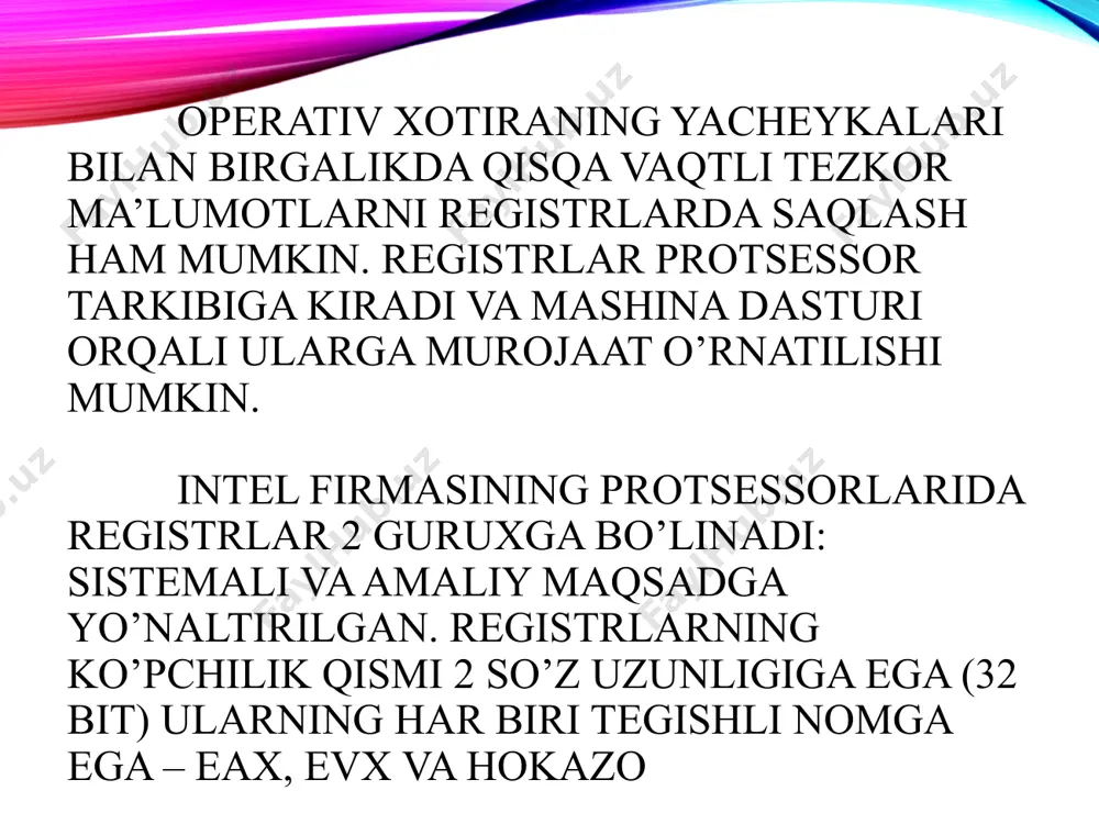 a olmaydi. ushbu registrlar faqat adreslarni segmentlash maqsadida ishlatiladi. segmentlash ishlab chiqaruvchi va foydalanuvchilarga xotiraning turli xil modelini tanlashga imkon beradi. segment registrlari 16 – razryadli segment selektoridan iborat, ular xotiraning taqsimlanish jadvalini ko’rsatadi. ushbu jadval xotiraga murojaat etishga kerakli segmentlarning bazali adreslarini va boshqa ma’lumotni saqlaydi. segmentlashmagan modeldan foydalangan holda barcha segmentlar fizik xotira yagona muhitida aks ettiriladi. bajariladigan buyruqlar ketma-ketligidan iborat segment kod segmenti deb ataladi. ushbu segment selektori cs registrida joylashgan. parametrlarni yozish, qism dastur (podprogramma)larni chaqirish, protseduralarni aktivlashtirish odatda stek ostidan ajratilgan xotira soxasini talab etadi. stek bilan bajariladigan barcha operatsiyalar ss registrlari tomonidan boshqariladi. cs registrlaridan farqli holda ss dastur buyrug’i yordamida ham yuklanishi mumkin. qolgan 4 ta registrlar ma’lumotlar segmentlari registri hisoblanadi (ds, es, fs, va cs) va har biri joriy bajarilayotgan dastur tomonidan foydalaniladi. protsessor buyruq schyotchigi tarkibiga (eip) qarab ushbu segmentdan buyruqlarni tanlaydi. cs registri tarkibi segmentlararo oqimni boshqarish buyruqlari yordamida o’zgartiriladi. …
