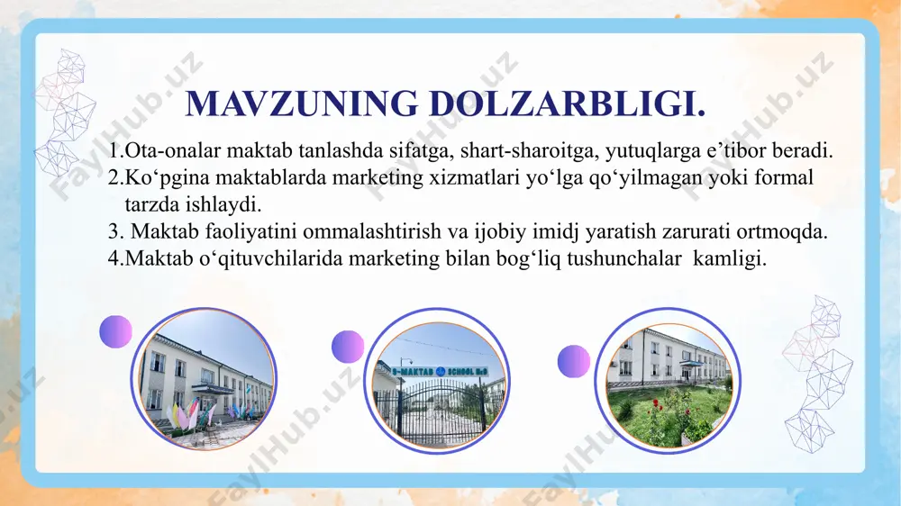sosiy ajralmas qismiga aylangan. marketing orqali ota-onalar ishonchi va o‘quvchilar soni oshadi. 2023-yil hisobotiga ko‘ra maktablarning 70% marketing komponiyasi orqali ota-onalar ishonchini oshirgan. maktablar o‘z marketing byudjetining 50-60%ni raqamli reklamaga sarflaydi. maktabda marketing xizmatini tashkil etishda har bir maktab o‘zining mobil qurilmalar uchun moslashtirilgan interaktiv veb-saytiga ega, 2023-yil holatiga ko‘ra kanada maktablarining 60%dan ortig‘i marketing xodimiga ega. kanada davlatida marketing faqat reklama emas, balki ishinchli kommunikatsiya vositasi sifatida qaraladi. aqsh tajribasi kanada tajribasi o‘zbekistonda xorijda taklif o‘zbekistonda har bir fan o‘qituvchisi o‘z fanidan bilimlarni mustahkamlash uchun to‘garak mashg‘ulotlari o‘tishlari tashkil etilgan. germaniyada maktablari o‘z ta’lim xizmatlarini nafaqat sifatli, balki innovatsion yondashuvlar bilan taqdim etadi. masalan, ilm-fan va texnologiyalar bo‘yicha alohida kurslar va dasturlarni reklama qilish orqali maktablar marketing xizmatlarini samarali tashkil etadi. maktab imkoniyatidan to‘liq foydalanib qo‘shimchasiga o‘quv kurslar bilan hamkorlikda ilm-fan va texnologiyalar bo‘yicha alohida kurslar tashkil etish va ularni reklama qilish orqali maktablar marketing xizmatlarini samarali tashkil etish. …