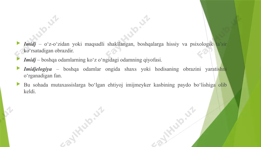 l. imidj dinamikasining yorqin namunasi - «yulduzli fabrika» televizion loyihasi. har bir dasturda yigit-qizlar sahna tajribasiga ega bo‘lishdi. tajribali ustozlar rahbarligida ularning ko‘pchiligi o‘ziga xos “sir”lari bilan shou-biznesning “yulduzlari”ga aylanishdi. imidjning faolligi – bu alohida shaxslar va aholining butun guruhlari ongiga, his-tuyg‘ulariga, faoliyati va harakatlariga ta’sir qilish qobiliyati. ko‘pincha imidjning samaradorligini ta’minlash uchun unga ba’zi tafsilotlarni qo‘shish, ba’zan esa butun imidjni sezilarli darajada o‘zgartirish kerak. 1831 yilda yosh frantsuz ayoli aurora dupin dudevant oilasini viloyatlarda qoldirib, mashhur yozuvchi bo‘lish orzusi bilan parijga keldi. ammo bu sohadagi ayolning o‘shanda imkoniyati kam edi va aurora chiqish yo‘lini topdi - u jorj sand taxallusi ostida erkak yozuvchi obrazini yaratdi. imidjning funksionalligi uning muayyan maqsadlarga erishishga qaratilganligidir. yaratilgan imidj yordamida biz qo‘yilgan vazifalarni hal qilishga, ya’niy aniq maqsadlarga erishishga u yoki bu faoliyatni yanada muvaffaqiyatli qilishga harakat qilamiz. imidjning kommunikativligi – bu o‘zi haqida aytib berish, o‘zida shakllangan obraz orqali boshqalarga ko‘p ma’lumotlarni aytib …