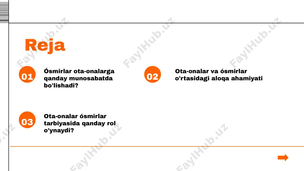 asidagi muvofiqlik munosabatlarni mustahkamlashda ahamiyatlidir. ota-onalar osmirlarining his-tuyg'ularini e'tiborga olgan holda qarorlar qabul qilsa, bu o'zaro munosabatlarni kuchaytiradi. biroq, noaniqliklar va tushunmovchiliklar, masalan, turli avlodlar o'rtasidagi fikr farqlari, o'zaro munosabatlarga salbiy ta'sir ko'rsatishi mumkin. o'zaro tasirni rivojlantirish ota-onalar va osmirlar o'rtasidagi o'zaro tasirni rivojlantirishda ochiq va samimiy muloqot zarur. o'zaro hurmat va tushunish, har ikki tomonning ehtiyojlarini qondirishga yordam beradi. shuningdek, birgalikda vaqt o'tkazish va faoliyatlar bajarish o'zaro munosabatlarni mustahkamlashga xizmat qiladi. ota-onalar va ósmirlar o'rtasidagi aloqa ahamiyati aloqa, ikki yoki undan ortiq shaxslar o'rtasida fikr, ma’lumot va hissiyot almashinuvi jarayonidir. ota-onalar va ósmirlar o'rtasidagi aloqa ishonch va tushunishni shakllantiruvchi asosiy omil hisoblanadi. ota-onalar va ósmirlar o'rtasidagi aloqa muayyan vaziyatlar, hissiyotlar va fikrlar orqali shakllanadi. ochiq va samimiy muloqot, o'zaro hurmatni oshirib, muammolarni hal qilishda yordam beradi. aloqaning ahamiyati shundaki, u ota-onalar va ósmirlar o'rtasida o'zaro tushunishni kuchaytiradi, bu esa ruhiy salomatlik va hayot sifatini yaxshilaydi. yaxshi aloqa natijasida, ósmirlar …