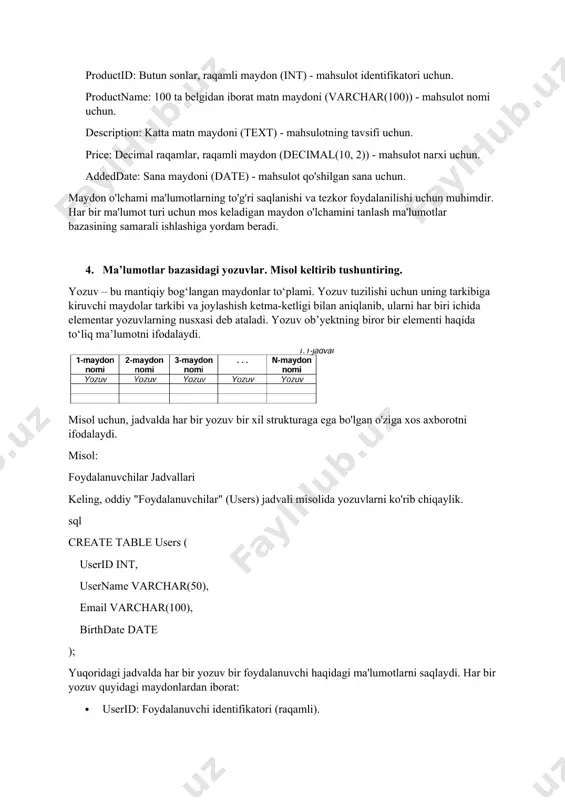 rotni ifodalaydi. misol: foydalanuvchilar jadvallari keling, oddiy "foydalanuvchilar" (users) jadvali misolida yozuvlarni ko'rib chiqaylik. sql create table users ( userid int, username varchar(50), email varchar(100), birthdate date ); yuqoridagi jadvalda har bir yozuv bir foydalanuvchi haqidagi ma'lumotlarni saqlaydi. har bir yozuv quyidagi maydonlardan iborat: · userid: foydalanuvchi identifikatori (raqamli). · username: foydalanuvchi ismi (matn). · email: foydalanuvchi elektron pochta manzili (matn). · birthdate: foydalanuvchi tug'ilgan kuni (sana). yozuvlar misollari keling, jadvalga ba'zi yozuvlarni kiritamiz. sql insert into users (userid, username, email, birthdate) values (1, 'john doe', 'john.doe@example.com', '1990-01-01'), (2, 'jane smith', 'jane.smith@example.com', '1985-05-15'), (3, 'alice johnson', 'alice.johnson@example.com', '1992-09-23'); yuqoridagi sql kiritish (insert) amallari bilan jadvalga uchta yozuv kiritildi. har bir yozuv bir foydalanuvchiga tegishli quyidagi ma'lumotlarni saqlaydi: userid username email birthdate 1 john doe john.doe@example.com 1990-01-01 2 jane smith jane.smith@example.com 1985-05-15 3 alice johnson alice.johnson@example.com 1992-09-23 yozuvlarning muhim jihatlari · aniq tuzilma: har bir yozuv bir xil tuzilishga ega bo'lib, …