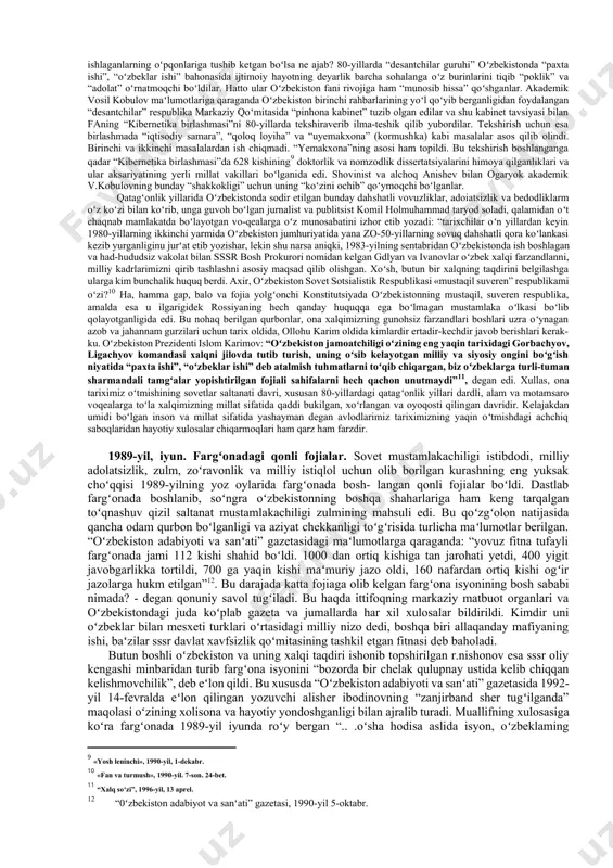 ng sababi oddiy. biz anchagina loqaydmiz, darrov qovusha qolmaymiz»[footnoteref:2]. [2: “oʻzbekiston adabiyoti va sanʼati”, 1996-yil, 19-aprel.] ha, juda adolatli va toʻgʻri aytilgan gaplar. aslida “oʻzbek ishi” degani nima oʻzi va qachon paydo boʻldi. bu “ish” aslida 80-yillarda oʻzbekiston davlat xavfsizlik qoʻmitasi (dxq)ning raisi boʻlib ishlagan melkumov (millati arman) bilan oʻzbekiston kp mqning birinchi kotibi sh.rashidov oʻrtasidagi oʻzaro kelishmovchiliklardan boshlangan. oʻsha kezlarda buxoro viloyati bxss boshligʻi muzaffarov va buxoro shahar savdo idorasining direktori qudratovlarning poraxoʻrligiga taalluqli maʻlumotlar dxqda boʻlgan. bu shaxslar buxoro viloyati firqa qoʻmitasining birinchi kotibi a.karimov himoyasida boʻlgan va unga “oshirib” turishgan. a.karimov esa oʻz navbanda sh.rashidov bilan yaqin aloqada boʻlgan. shu bois melkumov va uning gumashtalari oʻz oldilariga muzaffarov va qudratovni fosh qilish orqali a.kanmovga chiqish va soʻngra u orqali sh.rashidovni “nishonga” olishni moʻljallab harakat qilganlar. 1983-yilda buxoroda ilgaridan oʻylab rejalashtirilgan va amalga oshirilgan “operatsiya” tufayli muzaffarov va qudratovlar qamoqqa olindilar. ular xalqqa maʻlum boʻlgan birinchi oʻzbek millionerlari …