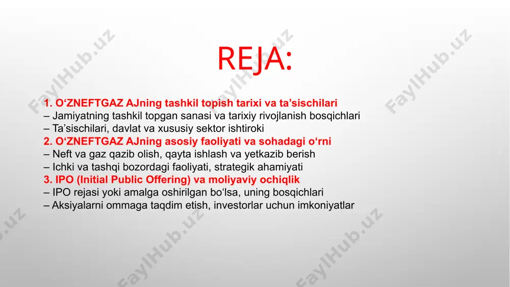 ga asosan tashkil etilgan. u dastlab “o‘zbekneftgaz” milliy xolding kompaniyasi sifatida faoliyat yurita boshlagan. 2. tarixiy rivojlanish bosqichlari: 1992–1998-yillar: o‘zbekiston mustaqillikka erishganidan so‘ng, neft-gaz tarmog‘ida mustaqil boshqaruv organlarini shakllantirish zarurati tug‘ildi. shu yillarda neft va gazni qidirish, qazib olish, qayta ishlash va eksport qilish bo‘yicha ilk milliy korxonalar tuzildi. 1998-yil: “o‘zbekneftgaz” milliy xolding kompaniyasi tashkil etildi. bu bosqichda neft va gaz sanoatidagi yirik korxonalar bir tizimga birlashtirildi. 2006–2016-yillar: soha modernizatsiyasi va xorijiy sarmoyalarni jalb qilish orqali sanoat salohiyati kengaytirildi. rossiya, janubiy koreya, xitoy, malayziya kabi davlatlar bilan yirik loyihalar amalga oshirildi. 2019-yil: prezident shavkat mirziyoyevning farmoniga muvofiq, “o‘zbekneftgaz” aksionerlik jamiyati shaklida qayta tashkil etildi. bu bosqichda kompaniya menejmenti yangilandi, korporativ boshqaruv joriy etildi va bozor iqtisodiyotiga mos tizimlar yo‘lga qo‘yildi. 2020-yildan hozirgacha: jamiyat faoliyatini raqamlashtirish, zamonaviy texnologiyalarni joriy etish va ipoga chiqish (aksiyalarni ommaga taklif qilish) kabi bosqichma-bosqich islohotlar olib borilmoqda. ta’sischilari, davlat va xususiy sektor ishtiroki 1. asosiy ta’sischi …