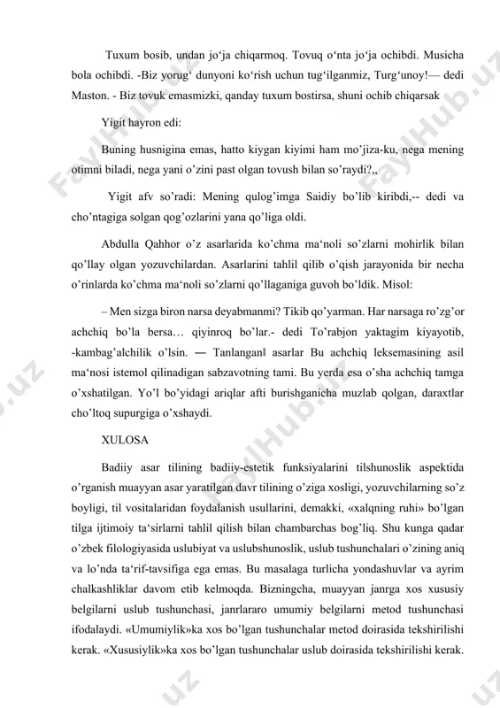 ilishi kerak. «xususiylik»ka xos bo’lgan tushunchalar uslub doirasida tekshirilishi kerak. usul esa, muayyan ijodkorning individual uslubi doirasida tanlagan tasvir yo’lidir. ijodkorning individual uslubini o’rganish murakkab jarayon bo’lib, u ham adabiy, ham lingvistik tahlil imkoniyatlarini o’zida mujassamlashtiradi va shu tarzda shoir yoki yozuvchi ijodiy tafakkuri o’ziga xos jihatlarining qay tarzda yuzaga chiqishini tekshiradi. bu tarzdagi tadqiqotlarni «ma‘lum bir ijodkorning tildan foydalanish mahoratiga doir ishlar» sifatida alohida guruhga ajratish maqsadga muvofiqdir. adabiyotlar 1. sh.m. mirziyoyev buyuk kelajagimizni mard va olijanob xalqimiz bilan quramiz. – t.: o`zbekiston, 2017. 2. sh.m. mirziyoyev. erkin va farovon demokratik o`zbekiston davlatini birgalikda quramiz.− t.: o`zbekiston, 2017. 3. sh.m.mirziyoyev. qonun ustuvorligi va inson manfaatlarini ta`minlash – yurt taraqqiyoti va xalq farovonligining garovi. – t.: o`zbekiston, 2017. 4. sh.m.mirziyoyev. tanqidiy tahlil, qat`iy tartib-intizom va shaxsiy javobgarlik har bir rahbar faoliyatining kundalik qoidasi bo`lishim kerak.− t.: o`zbekiston, 2017. 5. abdulla qahhor, tanlangan asarlar.- toshkent g’ofur g’ulom 1987 6. abdurahmonov g’., …