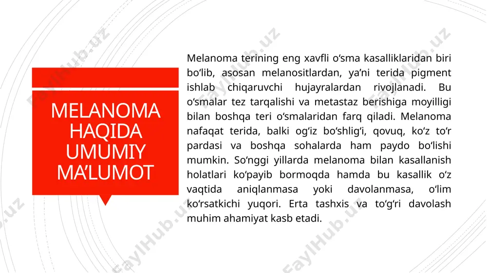anamnez va avvalgi o‘smalar haqida ma’lumot oladi. vizual ko‘rik davomida barcha shubhali xollar tekshirilib, konsilium uchun mutaxassisga tavsiya qilinadi. dermatoskopiya va boshqa vizual usullar melanoma tashxisida dermatoskopiya asosiy ahamiyatga ega. bu usul maxsus asbob—dermatoskop yordamida shubhali xol yoki dog‘larni 10-40 marta kattalashtirib ko‘rish imkonini beradi. dermatoskopik belgilar, pigmentning joylashuvi, tomir tuzilishi va rangdagi o‘zgarishlarni aniqlab, melanoma tasdig‘ini kuchaytiradi. bundan tashqari, raqamli dermotoskopiya, konfokal lazer mikroskopiyasi va boshqa zamonaviy tasvirlash usullari ham qo‘llaniladi. biopsiya va gistologik tekshiruv har qanday shubhali melanomada morfologik tashxis qo‘yish uchun to‘liq yoki tanlab-biopsiya amalga oshiriladi. to‘liq biopsiyada o‘sma butunlay olib tashlanib, gistologik tekshiruvga yuboriladi. gistologik baholashda o‘smaning chuqurligi (breslow chuqurligi), aniq chegaralari, mitoz darajasi va angioinvaziyasi aniqlanadi. ushbu ma’lumotlar kasallik bosqichini to‘g‘ri aniqlash va keyingi davolash taktikasini belgilashda asos bo‘ladi. qo‘shimcha instrumental diagnostika melanoma boshqa organlarga metastaz berganini aniqlash uchun rentgen, ultratovush, kt (kompyuter tomografiyasi), mrt (magnit-rezonans tomografiya) kabi usullar qo‘llaniladi. ulardan limfa tugunlari, o‘pkalar, jigar …