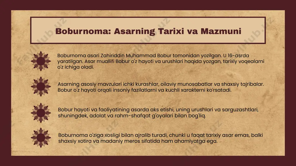 va shaxsiy tajribalar tasvirlangan. asardagi asosiy mavzular asarda kuch, adolat, va insoniylik kabi mavzular ko'tarilgan. bobur o'zining hayoti va kurashlari orqali bu mavzularni ifoda etadi. photo by getty images on unsplash boburnoma: tarixiy ahmiyati boburnoma o'z zamonidagi tarixiy voqealar va shaxslar haqida muhim ma'lumotlar taqdim etadi. bu asar, nafaqat boburning shaxsiy hayoti, balki uning davridagi siyosiy va ijtimoiy o'zgarishlar haqida ham qimmatli ma'lumotlarni o'z ichiga oladi. u tarixiy manba sifatida katta ahamiyatga ega. boburnoma tarixiy hujjat sifatida o'z davrining ko'plab tarixiy voqealarini yoritadi va keyingi tarixiy asarlarning yozilishida ta'sir ko'rsatgan. uning o'ziga xos uslubi va hikoya qilish usuli, tarixiy voqealarni yanada jonlantiradi va o'quvchilarga chuqurroq tushuncha beradi. boburnoma: o'zbek tarixiga ta'siri boburnoma o'zbek tarixida muhim rol o'ynagan asardir. bu asar, boburning hayoti va davri haqida qimmatli ma'lumotlar beradi, shuningdek, o'zbek xalqi va uning madaniyatini shakllantirishda katta ta'sir ko'rsatgan. asar tarixiy ildizlar, an'analar va o'zbek adabiyotiga ta'siri bilan ajralib turadi. boburnoma, …