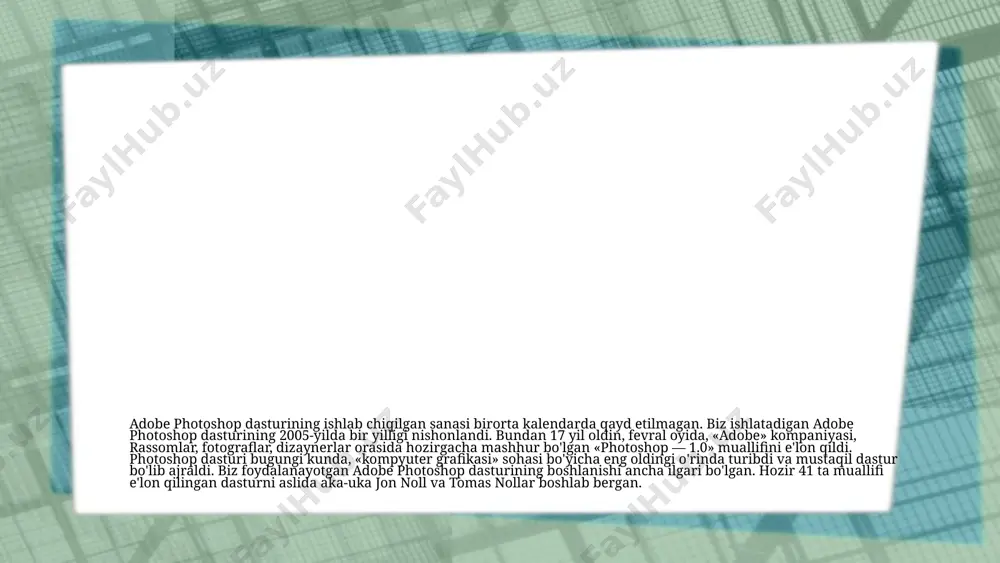 pcx, raw, tga, scitex ct, eps, dcs, eps tiff, filmstrip, flashpix, jpeg2000 bmp (windows bit map — windows ning vit xaritasi) — windows muhitida ishlovchi kompyuterlarda ekran osti tasvirlarini qoʻllovchi dastur microsoft paintda keng qoʻllaniladi. jpeg raqamli tasvirlarni saqlashda yoʻqotishli zichlash usulidan foydalanadigan grafik formatdir. jpeg formatidagi fayllar odatda „jpg“ yoki „jpeg“ kengaytmalariga ega boʻladi. tiff (tagger image file format) — bu formatdagi fayllar ham keng qoʻllanadi. lekin tiff formatidagi fayllar kompyuter xotirasida koʻp joyni egallaydi. rgb (red, green, blue — qizil, koʻk, yashil) moduli tasvirni ekranda tahrir qilish nuqtai nazaridan kelib chiqqan holda juda qulay va u 24 razryadli ranglar platasi yordamida deyarli barcha 16 million ranglarni monitorlarda aks ettiriladi. cmyk — tabiatda mavjud boʻlgan ranglar majmuasi, quyosh nurlari inson koʻzlari ajrata oladigan barcha ranglarni oʻziga mujassamlashtirgan. eng koʻp qoʻllaniladigan formatlar: 5 jpeg tiff rgb cmyk bmp kengaytirilgan funksiyalar adobe photoshop extended dasturining yangi versiyalaridan dasturlarida yaratilgan 3d formatdagi …