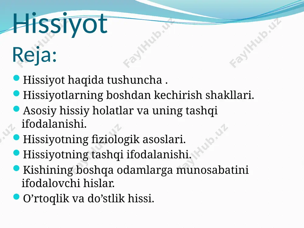 lib turadi. ular xatti-harakatlarga, fikr mulohazalar bildirishga turtki beradigan kuch bo’lib chiqadi, kuch-g’ayratlarni oshirib yuboradi va stenik deb ataladi, agar susaytirsa, astenik deb aytiladi. affektlar. kishini tez chulg’ab oladigan va shiddat bilan o’tib ketadigan jarayonlar affekt (hissiy portlash) deb ataladi. ular ongning anchagina darajada o’zgartirganligi, hatti-harakatlarni nazorat qilishning buzilganlgi, olamning o’zini o’zi idrok qila olmasligi, shuningdek uning butun hayoti va faoliyati o’zgarib qolganligi bilan ajralib turadi. kayfiyatlar. kayfiyatlar ancha vaqt davomida kishining butun hatti-harakatiga tus berib turadigan umumiy hissiy holatini ifoda etadi. kayfiyat shodu xurramlik yoki qayg’uli, tetiklik yoki lanjlik, hayajonli yoki mayuslik, jiddiy yoki yengiltaqlik, jizzakilik yoki muloyimlik va hokazo tarzda bo’ladi. kayfiyati yomon kishi o’rtog’ining haziliga yoki tanbehiga kayfiyati chog’ vaqtidagiga qaraganda tamomila boshqacha munosabat bildiradi.kayfiyatlar odatda o’ziga o’zi hisob bermasligi va sust namoyon bo’lishi bilan belgilanadi. kayfiyat kishi faoliyatiga ta’sir ko’rsatadi. stress. psixologik ta’rifiga ko’ra affektiv holatga yaqin turadigan, lekin boshdan kechirishining davomiyligiga ko’ra kayfiyatlarga yaqin bo’lgan …