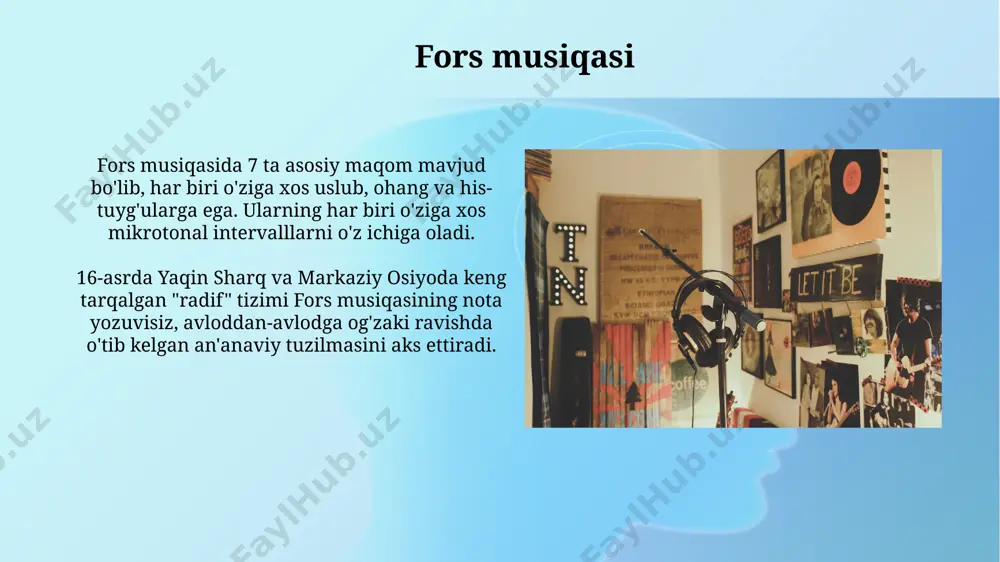 ga olib keldi va toshkent kabi yirik shaharlarda yangi musiqiy maktablarning vujudga kelishiga sabab bo'ldi. sharq musiqasining kelajagi markaziy osiyo mamlakatlarida, masalan, oʻzbekistonda va tojikistonda anʼanaviy sharq musiqasi bilan zamonaviy janrlarning sintezini aks ettiruvchi 5 ga yaqin yangi musiqa festivali tashkil etilishi ehtimoldan xoli emas. sharq musiqasining kelajagi, 21-asr texnologiyalari, xususan, sunʼiy intellekt va raqamli platformalar yordamida 100 dan ortiq yangi ijrochilar va kompozitorlarni oʻz ichiga olgan holda global miqyosda kengayishi mumkin. arab musiqasi arab musiqasining asosiy modal tizimi, maqomlar deb ataladi va 7 ta asosiy maqomdan iborat bo'lib, har biri o'ziga xos xususiyatlarga, mikrointervalli tuzilmalarga va hissiy ranglarga ega. bu tizim 10-asrda bag'dodda shakllangan. andalus musiqasi, ispaniyada 8-asrdan 15-asrgacha rivojlangan arab musiqasi uslubi bo'lib, evropa musiqa madaniyatiga sezilarli ta'sir ko'rsatgan va shu davrda 200 dan ortiq ashula va cholg'u asarlari yaratilgan. markaziy osiyo musiqasi markaziy osiyo musiqasining 12-16 asrlarga oid namunalari, turli xalqlarning an'anaviy cholg'u asboblari, masalan, dutar, rubob …