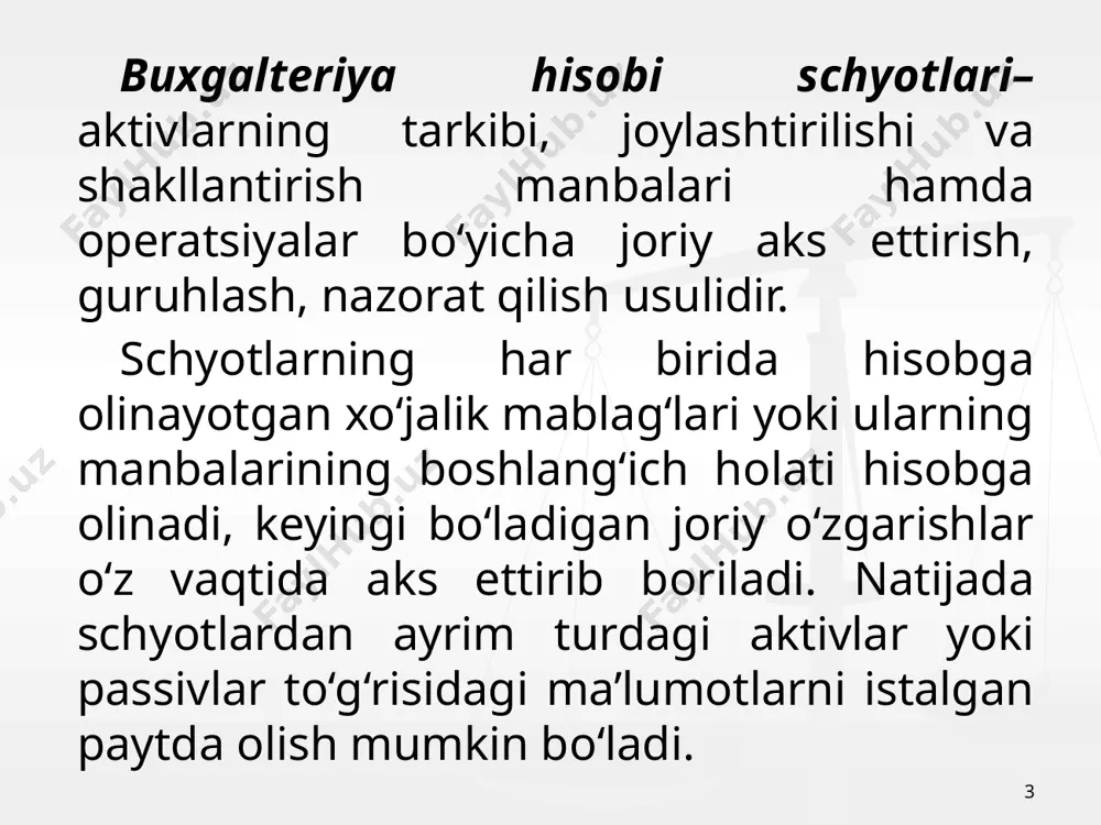 ri deb, balansda qatnashadigan schyotlarga aytilib, ular bo‘yicha ikki yoqlama yozuv amalga oshiriladi. balansdan tashqari schyotlar (bt) - bu korxonaga qarashli bo‘lmagan, lekin vaqtinchalik tasarrufida bo‘lgan, aktivlarning mavjudligi va harakati, shartli huquqlar va majburiyatlar haqidagi axborotni umumlashtirishga mo‘ljallangan schyotlardir. bu schyotlar boshqa schyotlar bilan o‘zaro bog‘lanmaydi va korxonaning hisobotida aks ettirilmaydi. 10 sintetik schyotlar xo‘jalik mablag‘lari va ular manbalari haqida umumiy va qiymat ko‘rinishidagi ma’lumotlarni olish maqsadida hisob yuritishga mo‘ljallangan. analitik schyotlar ma’lumotlari xo‘jalik mablag‘lari va ularni manbalarini nafaqat qiymat, balki natura hamda mehnat o‘lchovi birliklarida yuritishga mo‘ljallangandir. analitik schyotlar bo‘yicha buxgalteriya provodkalari amalga oshirilmaydi. to‘ldiruvchi schyotlar tegishli mablag‘ va ular tashkil topish manbalari hisobini yuritishga mo‘ljallangan schyot ma’lumotlarini to‘ldirish uchun mo‘ljallangan. taqsimlovchi schyotlar. bu schyotlar korxonaning ba’zi bir xarajatlarini hisobga olish va ularni kalkulyatsiya ob’ektlari yoki hisobot davrlari o‘rtasida to‘g‘ri taqsimlash maqsadida qo‘llaniladi yig‘ib taqsimlovchi schyotlar. bu schyotlar ma’lum xo‘jalik jarayonidagi xarajatlarni bir oy davomida hisobga olish, bu xarajatlarni …