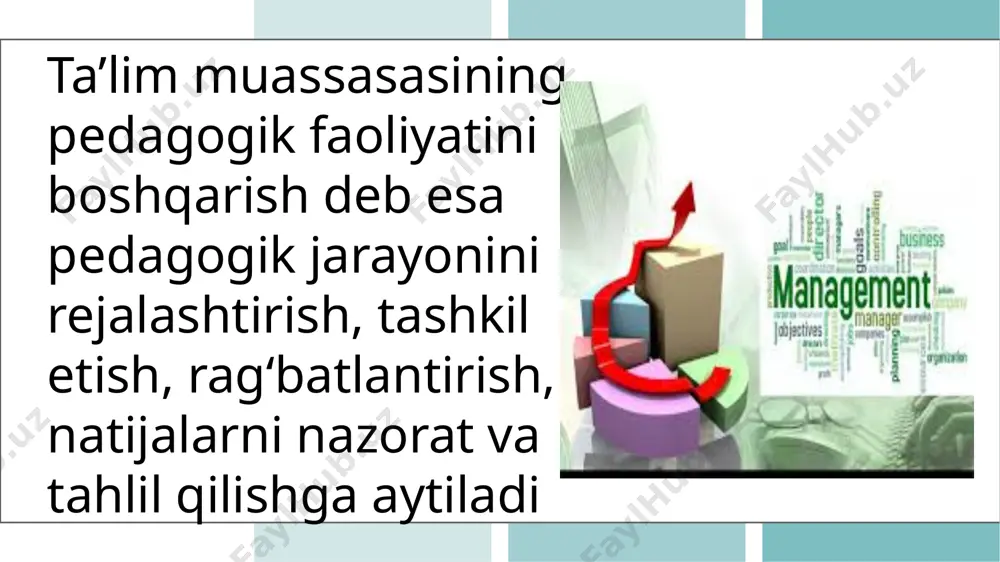 qirrali qobiliyat tushunchasi kasbiy va shaxsiy kompetentlik tushunchasiga mos kelib, aleks murning fikricha “soddaroq qilib tushuntiradigan bo‘lsak ko‘pqirrali qobiliyatlar deganda turli xil insonlar turli xil uslublar orqali yoki bir inson turli xil narsalarni turli xilda o‘rganilishi tushuniladi ta’limning og’zaki usullari uch turga; a) o’qituvchining hikoyasi b) suhbat v) maktab ma’ruzasiga bo’linadi suhbat usuli - savol javob usuli deb ham yuritiladi. o’quvchilar darsga yetarli darajada tayyor bo’lsa o’qituvchi rahbarligida muammoli savollarga javoblarni o’zlari axtarib topadigan suhbatlar maqsadga muvofiqdir. bunday suhbatlar evristik izlanish, axtarib topish xarakterida bo’ladi. o’qitish jarayonida o’rganilayotgan mavzu yuzasidan kirish, asosiy va yakunlovchi suhbatlar ham qo’llaniladi. suhbatlar ayniqsa, o’qitishning tarbiyalovchilik xarakterida dunyoqarash, e’tiqodni tarkib toptirishda qo’l keladi. suhbatlar butun sinf hamda o’quvchilarning ayrim guruhlari bilan ham o’tkaziladi. suhbatlar orqali a) o’quvchilarning o’z hayotlarida uchratgan voqea hodisalar yuzasidan savollar berish orqali o’quvchilarning mustaqil fikr qilishlarini amalga oshiradigan holatlarga e’tibor qilish turli olimlarning fikrlarini umumlashtirgan holda, boshqaruvning quyidagi funksiyalarini ajratib ko‘rsatish …