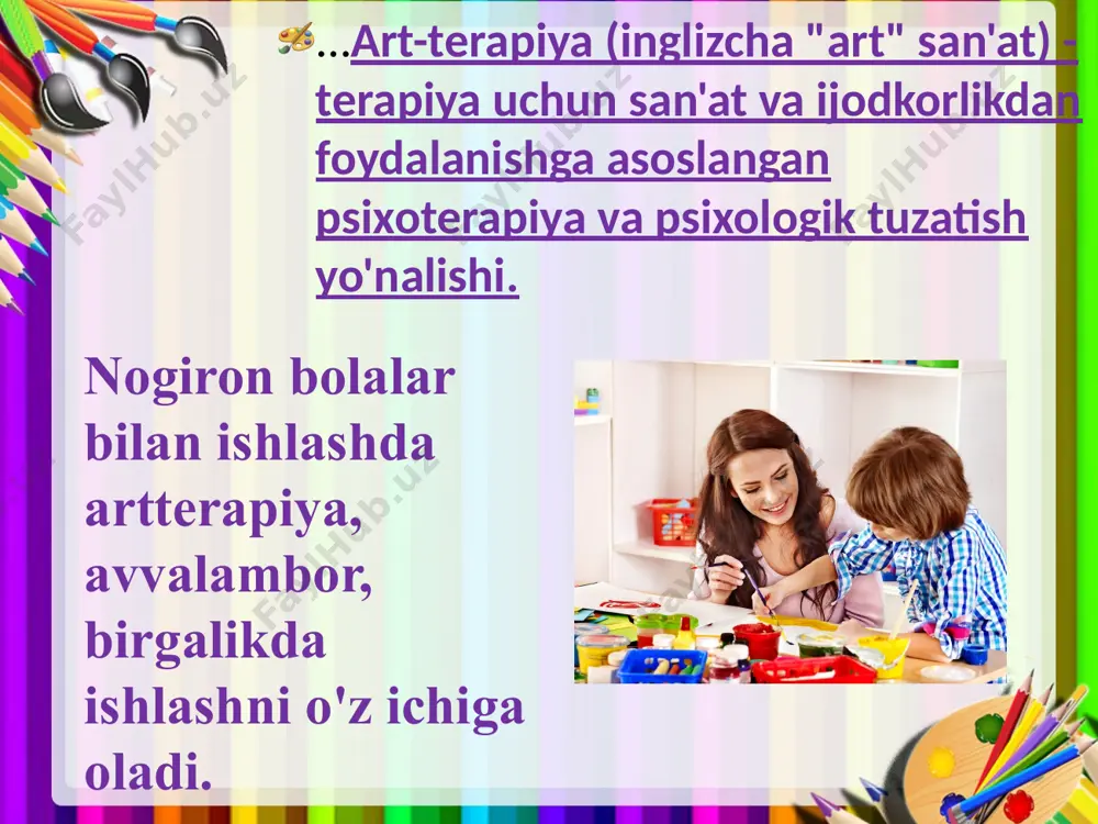 , nutq bilan bog'liq muammolarga duch kelgan bolalar o'zlarining his-tuyg'ularini san'at orqali ifodalashning boshqa usullarini topishlari mumkin, shuning uchun o'zlarini yashirmaydilar. musiqa va raqs. barcha bolalar raqsga tushishni yaxshi ko'radilar, ular musiqa yoqilganda, ba'zi harakatlarni o'rgatishadi. stressni engillashtiradi. ba'zida bola taranglashadi, chunki bolalar ham o'zlarining "bolalik muammolari" ga ega. va bu stressni, zo'riqishni engillashtirish uchun unga yordam kerak. o'zingizni chalg'itadigan ajoyib usul - shox musiqa ostida raqsga tushish. ko'pgina psixologlar va logopedlar qo'shiqlar bolalarni yaxshi gapirishga yordam beradi, deb o'ylashadi, chunki miya hujayralari ishtirok etadi, tilni o'rgatadi. bolalar uchun teatr. teatr doirasida bola turli xil tasvirlarni sinab ko'radi, ovozini, yuz ifodalarini va imo-ishoralarini ishlatadi, qiziqarli harakatlarni takrorlaydi. shuning uchun u yanada o`ziga bo`lgan ishonchini oshiradi. qo'g'irchoq terapiyasi. qo'g'irchoq terapiyasi bolalar bilan ishlashda qo'llaniladi va sevimli qahramon obrazi (ertaklar, multfilmlar, o'yinchoqlar) bilan identifikatsiyalashga asoslangan. o'yin davomida hikoyani sahnalashtirish bolani qamrab olishini ta'minlash kerak va u qahramonga hamdard bo'lib, u bilan o'zini …