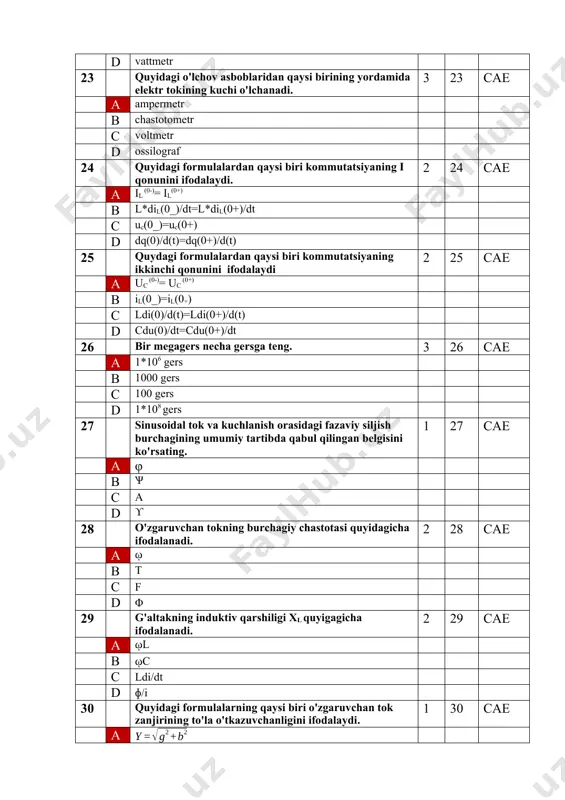 a sig'imdagi kuchlanishlar qaysi shartlar orqali aniqlanadi? 1 66 cae a mustaqil boshlang’ich shartlarga b boshlang’ich shartlarga c o'tish jarayonlariga d ideal kalitga 67 t=(0) kuchlanish bo'yicha o’tish harakteristikasi zanjir kirishiga quyidagi signal berilganda chiqish 1 67 cae a birlamchi zinasimon funksiya b vaqt funksiyasi ko'rinishidagi kuchlanish c to'g’ri burchakli impuls ko'rinishida kuchlanish d garmonik kuchlanish 68 t(0) impuls harakteristikasi, deb zanjirning quyidagi ko'rinishidagi ta’siri javobiga aytiladi. 1 68 cae a delta – funksiya b 1ga teng bo'lgan o'zgarmas vaqt funksiyasi c birlik zinasimon funksiya d sinusoidal funksiya 69 o’tish harakteristikasi aniqlanadigan shartni ko'rsating. 1 69 cae a nolinchi boshlang’ich shartlar va birlamchi zinasimon ta’sir b nolinchi bo'lmagan boshlang’ich shartlar va birlamchi zinasimon ta’sir c nolinchi boshlang’ich shartlar va ihtiyoriy ta’sir d no’linchi boshlang’ich shartlar va delta funksiya ko'rinishidagi ta’sir 70 induktiv g'altak elementida hosil bo'luvchi asosiy energiya formasini ko'rsating: 1 70 cae a magnit maydon energiyasi b issiqlik energiyasi …