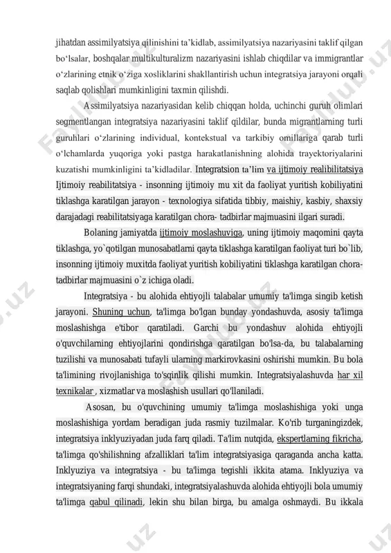 da iqtisodiy, ijtimoiy va madaniy https://uz.wikipedia.org/wiki/ijtimoiy_struktura https://uz.wikipedia.org/wiki/iqtisodiy_integratsiya https://uz.wikipedia.org/wiki/iqtisodiy_integratsiya https://uz.wikipedia.org/wiki/sotsial_mojaro jihatdan assimilyatsiya qilinishini taʼkidlab, assimilyatsiya nazariyasini taklif qilgan boʻlsalar, boshqalar multikulturalizm nazariyasini ishlab chiqdilar va immigrantlar oʻzlarining etnik oʻziga xosliklarini shakllantirish uchun integratsiya jarayoni orqali saqlab qolishlari mumkinligini taxmin qilishdi. assimilyatsiya nazariyasidan kelib chiqqan holda, uchinchi guruh olimlari segmentlangan integratsiya nazariyasini taklif qildilar, bunda migrantlarning turli guruhlari oʻzlarining individual, kontekstual va tarkibiy omillariga qarab turli oʻlchamlarda yuqoriga yoki pastga harakatlanishning alohida trayektoriyalarini kuzatishi mumkinligini taʼkidladilar. integratsion ta’lim va ijtimoiy realibilitatsiya ijtimoiy reabilitatsiya - insonning ijtimoiy mu xit da faoliyat yuritish kobiliyatini tiklashga karatilgan jarayon - texnologiya sifatida tibbiy, maishiy, kasbiy, shaxsiy darajadagi reabilitatsiyaga karatilgan chora- tadbirlar majmuasini ilgari suradi. bolaning jamiyatda ijtimoiy moslashuviga, uning ijtimoiy maqomini qayta tiklashga, yo`qotilgan munosabatlarni qayta tiklashga karatilgan faoliyat turi bo`lib, insonning ijtimoiy muxitda faoliyat yuritish kobiliyatini tiklashga karatilgan chora- tadbirlar majmuasini o`z ichiga oladi. integratsiya - bu alohida ehtiyojli talabalar umumiy ta'limga singib ketish jarayoni. …