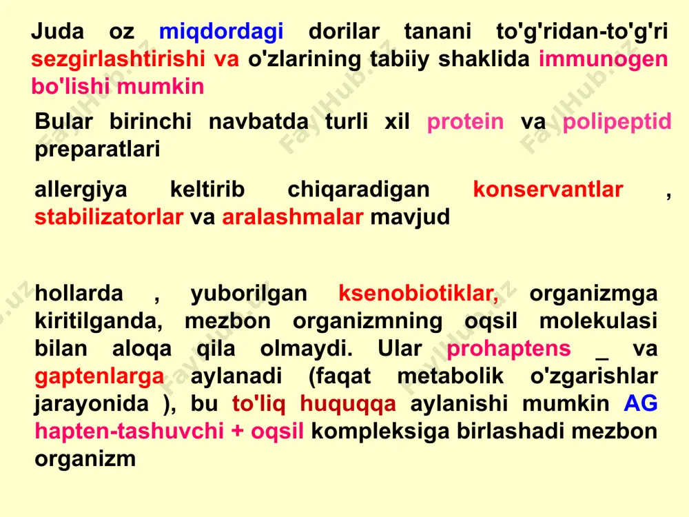 jayra membranalarining barqarorligini ta'minlaydi comt faolligini pasaytiradi , shu bilan endogen katexolaminlar darajasining oshishiga yordam beradi mf yuzasida komplement tizimining asosiy c3 komponenti uchun retseptorlarni bloklaydi va shu bilan sitotoksik reaktsiyalarni ( ii turi ) zaiflashtiradi. zulm qilish hujayra membranalarining pl a2 , cheklovchi araxidon kislotasining chiqarilishi va uning metabolitlari (tromboksanlar) hosil bo'lishi - tezkor turdagi allergiya vositachilari. to'sqinlik qilmoq hujayra retseptorlarining ige bilan o'zaro ta'siri , bu allergiya vositachilarining chiqarilishiga olib keladigan reaktsiyalar kaskadini oldini oladi. atpaz va gc faolligini pasaytiradi , shu bilan a- adrenergik stimulyatsiyani kamaytiradi va b2 -adrenergik retseptorlari faolligini oshiradi . gialuronidaza faolligini inhibe qiladi , shu bilan tomirlar o'tkazuvchanligini va to'qimalarning shishishini kamaytiradi. glyukortikoidlar telefon mf proliferatsiyani inhibe qilish fagotsitozni inhibe qilish ishlab chiqarishni inhibe qilish oziq-ovqat allergiyasi oziq-ovqat allergiyasi immunologik mexanizmlarga asoslangan oziq-ovqat mahsulotlariga salbiy ta'sir ko'rsatish turlaridan biridir 1 yoshli bolalarda oziq-ovqat allergiyasining tarqalishi 6-8 % ni tashkil qiladi , o'smirlik davrida …