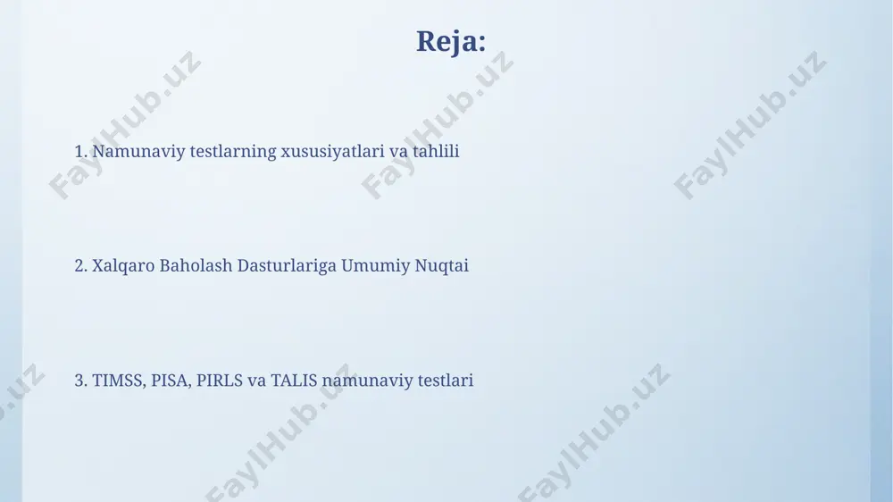 y testlarida 4-sinf o'quvchilari uchun 2021-yilda o'tkazilgan baholashda o'qish tushunchasi bo'yicha singapur davlatining yuqori natijalarga erishgani kuzatilgan. timss, pisa, pirls va talis dasturlarining kirish ma'lumoti pirls dasturi 4-sinf o'quvchilarining o'qish savodxonligini baholash uchun mo'ljallangan bo'lib, 200 dan ortiq test topshirig'i yordamida 50 dan ziyod mamlakatda tadqiqot o'tkaziladi. pisa dasturi 15 yoshli o'quvchilarning o'qish, matematika va fan sohalaridagi savodxonligini, shuningdek, ularning hayotga tayyorgarlik darajasini jahon miqyosida, 80 dan ortiq davlatda o'rganadi. xulosa va muhokama pisa 2018 йилги 79 мамлакат иштирокидаги тадқиқотда, ўқувчиларнинг ўқиш саводхонлиги бўйича сингапур 564 балл билан етакчи бўлган. pirls 2021 йилги таҳлилида, 5-синф ўқувчиларининг ўқиш ютуқлари бўйича россия федерациясининг айрим минтақаларида ўртача 520 баллдан юқори натижалар қайд этилган. timss namunaviy testlari: misollar va tahlil timss namunaviy testlari 5 va 8-sinflar uchun matematika va tabiiy fanlar boʻyicha savollardan iborat boʻlib, 40 dan ortiq mamlakatlarni qamrab oladi. 2015-yilda oʻtkazilgan timss tadqiqoti natijalariga koʻra, oʻzbekiston oʻquvchilari matematika va tabiiy fanlar boʻyicha …