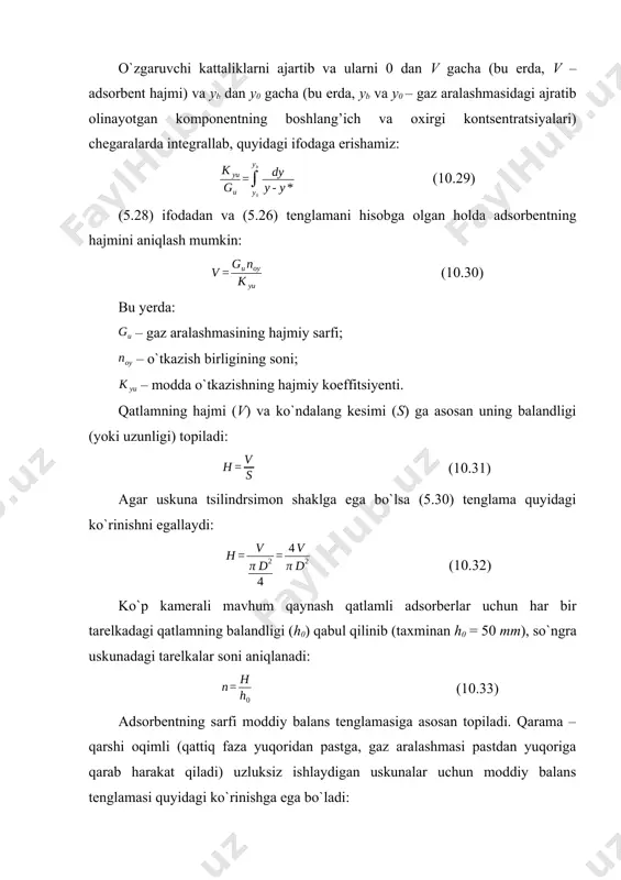 b olinadi yoki tegishli tenglamalar asosida hisoblab topiladi. hisoblash uchun topshiriq: mahsulot: suyuq - neft gaz (sng) (propan- butanli aralashma) temperaturasi tb =380 s sarfi gr1= 6,6 t/soat = 1,83 kg/s bosimi pu = 18 bar = 1,8 mpa zichligi = 510 kg/m3 tarkibidagi namlik miqdori: boshlang’ich wb = 1,6 % oxirgi wox = 1,0 % adsorbtsiya jarayonining moddiy balansi 11.10 – rasm. adsorbtsiya jarayonining moddiy balansini tuzish uchun sxema adsorberning past qismidan gr1 miqdorda hamda wb suv kontsentratsiyali suyuq - neft gaz oqimi kiradi va gr2 miqdorda suv kontsentratsiyasi wo ga teng bo`lgan holda chiqadi. adsorbentning boshlang’ich miqdori a va undagi suv kontsentratsiyasi xb bo`lsa, jarayon oxirida undagi suv kontsentratsiyasi xo bo`ladi, ya`ni hajmiy sarf bo`yicha bu formula quyidagicha bo`ladi: bu yerda: v1 va v2 suyuq neft gazning (sng) apparatga kirish va chiqishdagi hajmiy miqdori. bunda modda almashinish balandligi l0 bo`lgan chegaralangan zonada (11.9 - rasm) amalga oshiriladi. modda …